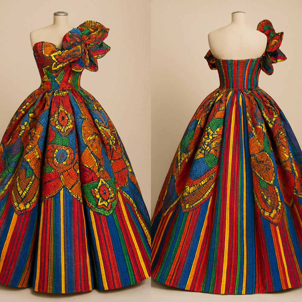 Create a colorful gown that look like a flower made with beautiful Ankara and aso oke stripes
Create a colorful gown that look like a flower made with beautiful Ankara and aso oke stripes , classic style, show front and back