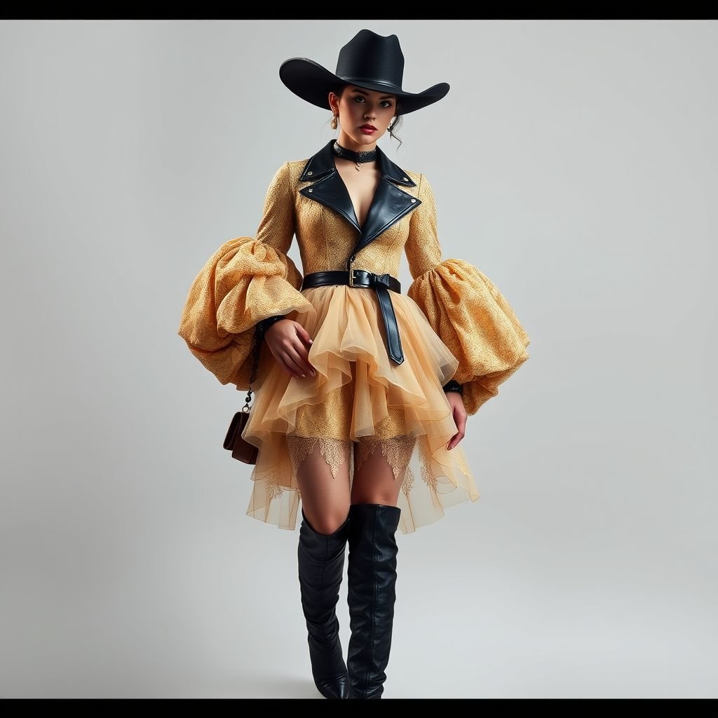 Gold, lace, tulle, mini, mutton sleeves, leather, over the knee boots
Design an avant-garde neo-western ensemble featuring a gold lace mini dress with voluminous mutton sleeves, merging traditional Western aesthetics with modern flair. Accentuate the look with ethereal tulle layers cascading from the waist. Complete the outfit with sleek leather accents and edgy over-the-knee boots for an unforgettable fashion statement.