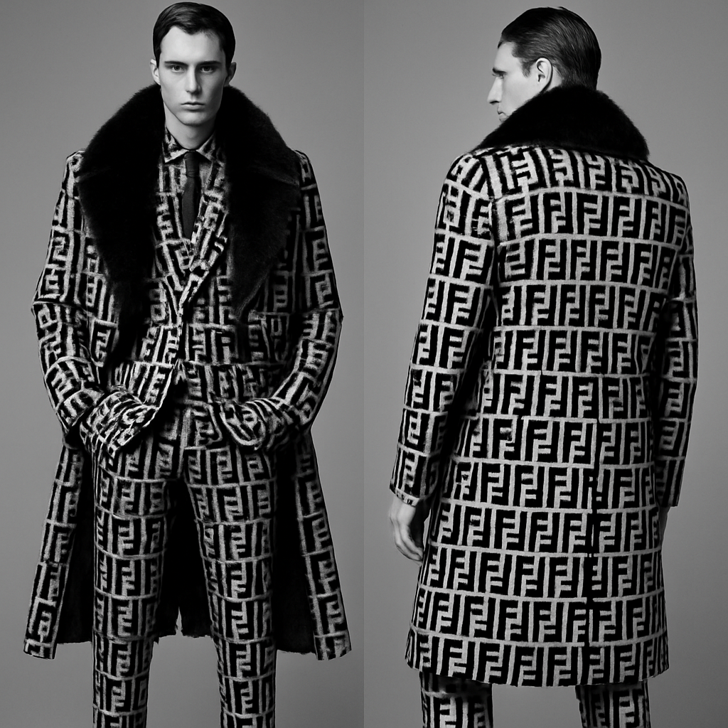 Men’s high fashion, sportswear, three-piece suit and overcoat, black and white Fendi Avangard with black mink fur
Men’s high fashion, sportswear, three-piece suit and overcoat, black and white Fendi Avangard with black mink fur, edgy style, show front and back