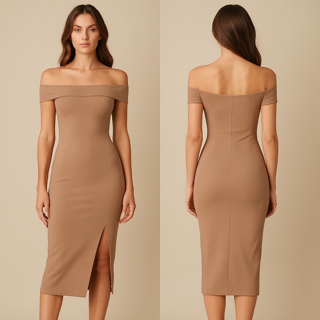 Off shoulder 
So light brown
Tight
Open from down

Off shoulder 
So light brown
Tight
Open from down, show front and back