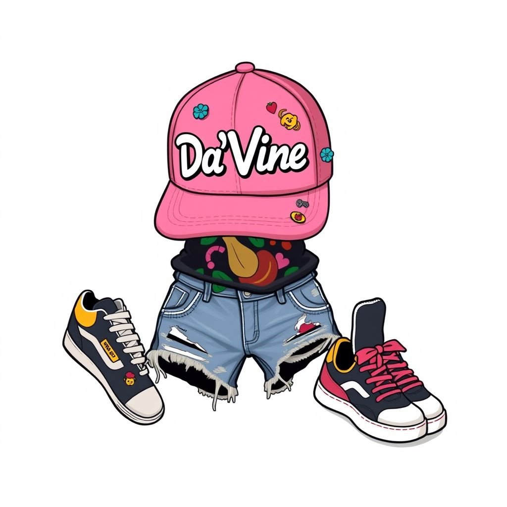 A pink Fitted Hat with the name “Da’Vine” on it. With DV on it. With cartoon pins on it
Design a casual fashion ensemble featuring a pink fitted hat emblazoned with “Da’Vine” in playful typography and adorned with quirky cartoon pins. Pair it with a relaxed graphic tee showcasing vibrant prints, distressed denim shorts for a laid-back vibe, and colorful sneakers to complete this effortlessly stylish, casual look perfect for everyday adventures.