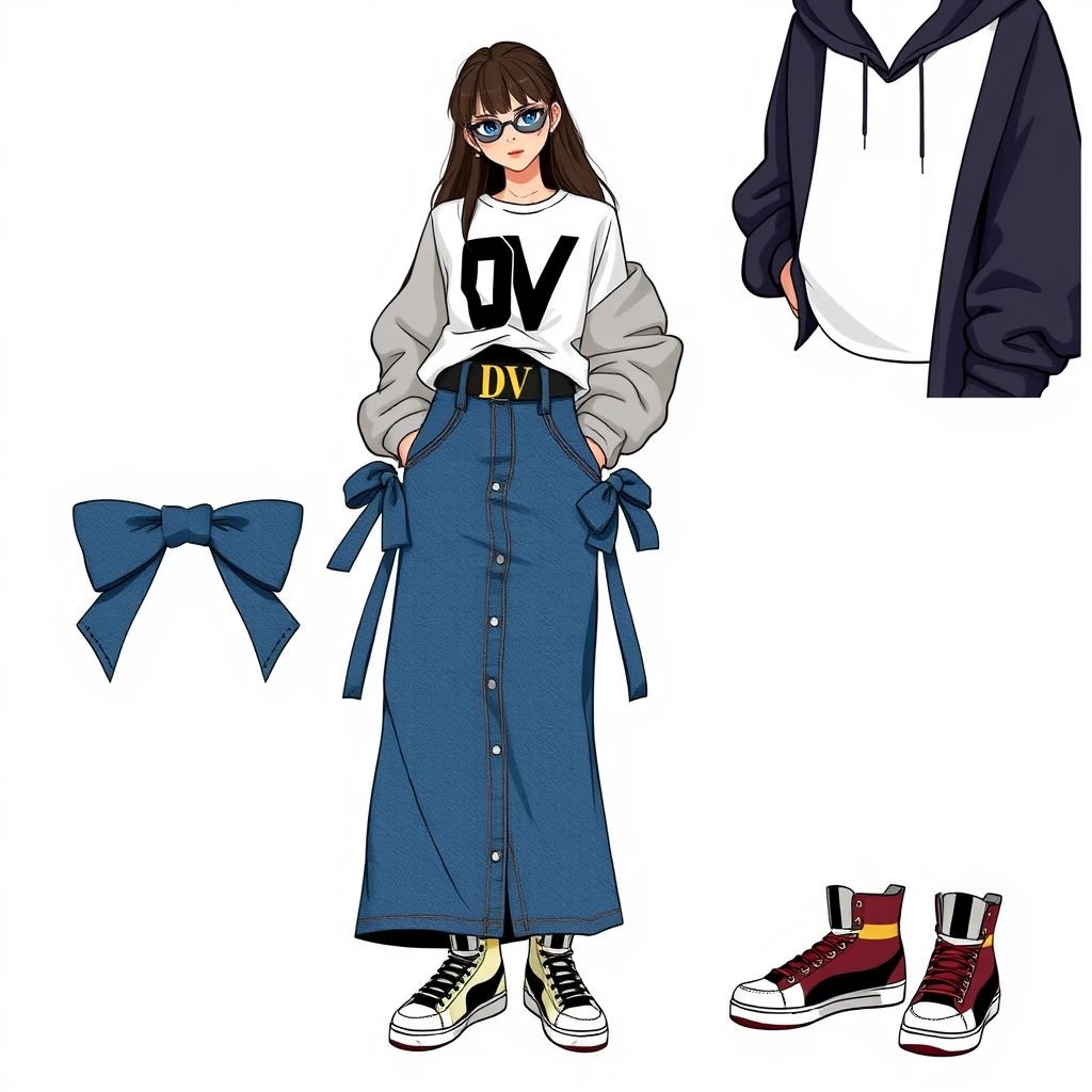 Maxi denim skirt with bows on the side that ties the skirt together. With a belt on that says “DV”
Design a bold streetwear-inspired maxi denim skirt featuring oversized bows tied at the sides, adding a playful twist. The skirt is cinched with a chunky belt emblazoned with the statement “DV.” Pair this outfit with an oversized graphic tee, layered hoodies, and high-top sneakers for an effortlessly cool urban vibe.