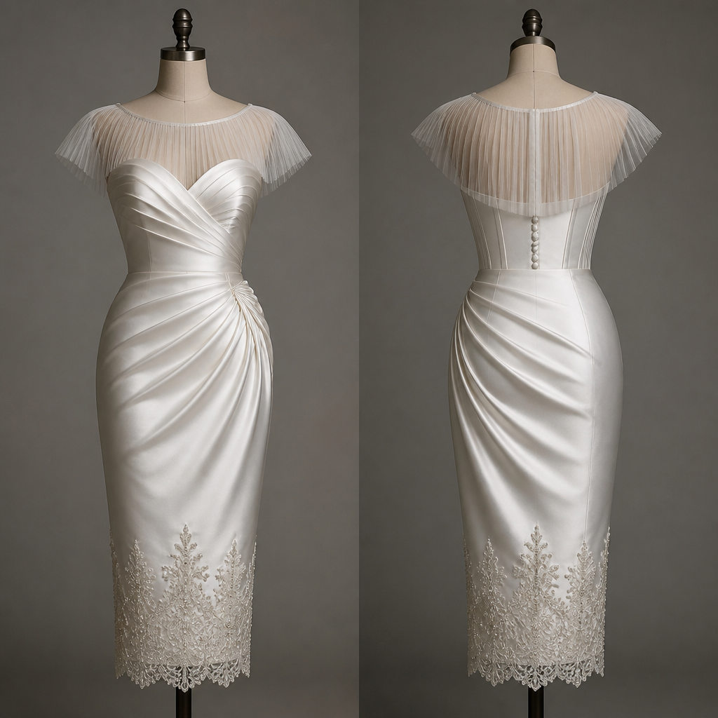 White satin dress pencil dress mid leg length.
Sweetheart neckline
Bust with pleats that criss cross at the centre.
Corset top.
Gathers at the waist and hips on the left side running down the dress.
With pleated tulle sleeves running from the edges of the whole neckline and covering the front chest and the shoulders.
Lace and beads at the bottom of the dress.
photorealistic fashion design, White satin dress pencil dress mid leg length.
Sweetheart neckline
Bust with pleats that criss cross at the centre.
Corset top.
Gathers at the waist and hips on the left side running down the dress.
With pleated tulle sleeves running from the edges of the whole neckline and covering the front chest and the shoulders.
Lace and beads at the bottom of the dress. , just the design no text, show front and back