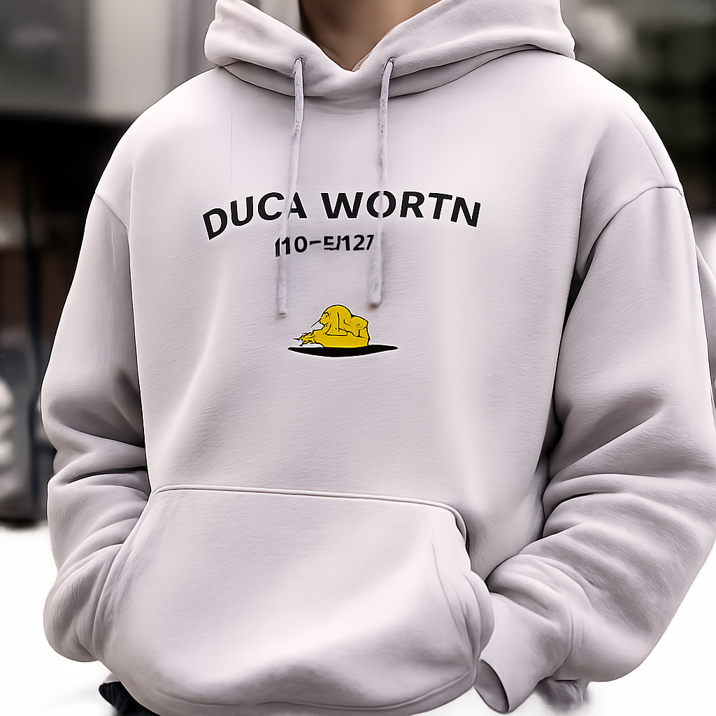 A hoodie with a nice minimal branding - Duckworth Apparel with a small yellow duck in a puddle underneath the logo
A hoodie with a nice minimal branding - Duckworth Apparel with a small yellow duck in a puddle underneath the logo
, streetwear style