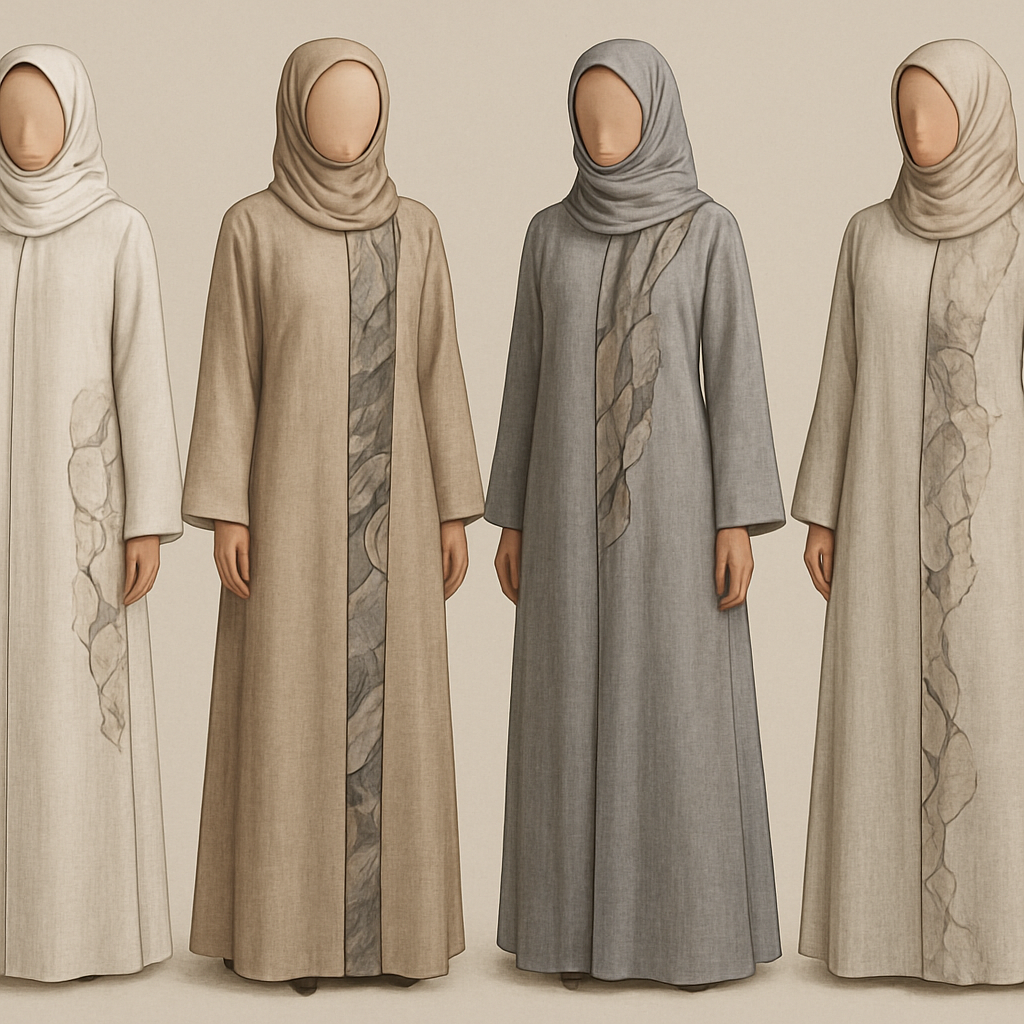Create a modest two-piece linen abaya, the first of its kind, featuring a unique stone design that exudes a classy and sophisticated vibe. I’d like four designs, each showcasing different styles and fabrics. Incorporate high-end, unique chic stone designs to make them truly special. Add little sophisticated stone designs.

Create a modest two-piece linen abaya, the first of its kind, featuring a unique stone design that exudes a classy and sophisticated vibe. I’d like four designs, each showcasing different styles and fabrics. Incorporate high-end, unique chic stone designs to make them truly special. Add little sophisticated stone designs.