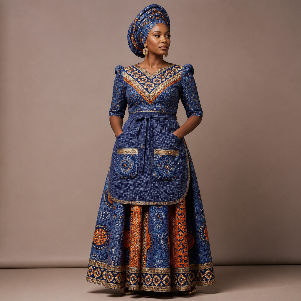 photorealistic fashion design, photorealistic fashion design, A Dress design, for Casual, in Glamorous + Casual style. traditional south African motifs with shweshwe fabric with apron and doek wrap and it must be long sleeve until the end of the elbow and bold and. South Africa fashion aesthetics., glamorous style, just the design no text. Refinement: make two pockets infront on the apron, just the design no text. Refinement: add a little gold somewhere nice
photorealistic fashion design, photorealistic fashion design, photorealistic fashion design, A Dress design, for Casual, in Glamorous + Casual style. traditional south African motifs with shweshwe fabric with apron and doek wrap and it must be long sleeve until the end of the elbow and bold and. South Africa fashion aesthetics., glamorous style, just the design no text. Refinement: make two pockets infront on the apron, just the design no text. Refinement: add a little gold somewhere nice, just the design no text