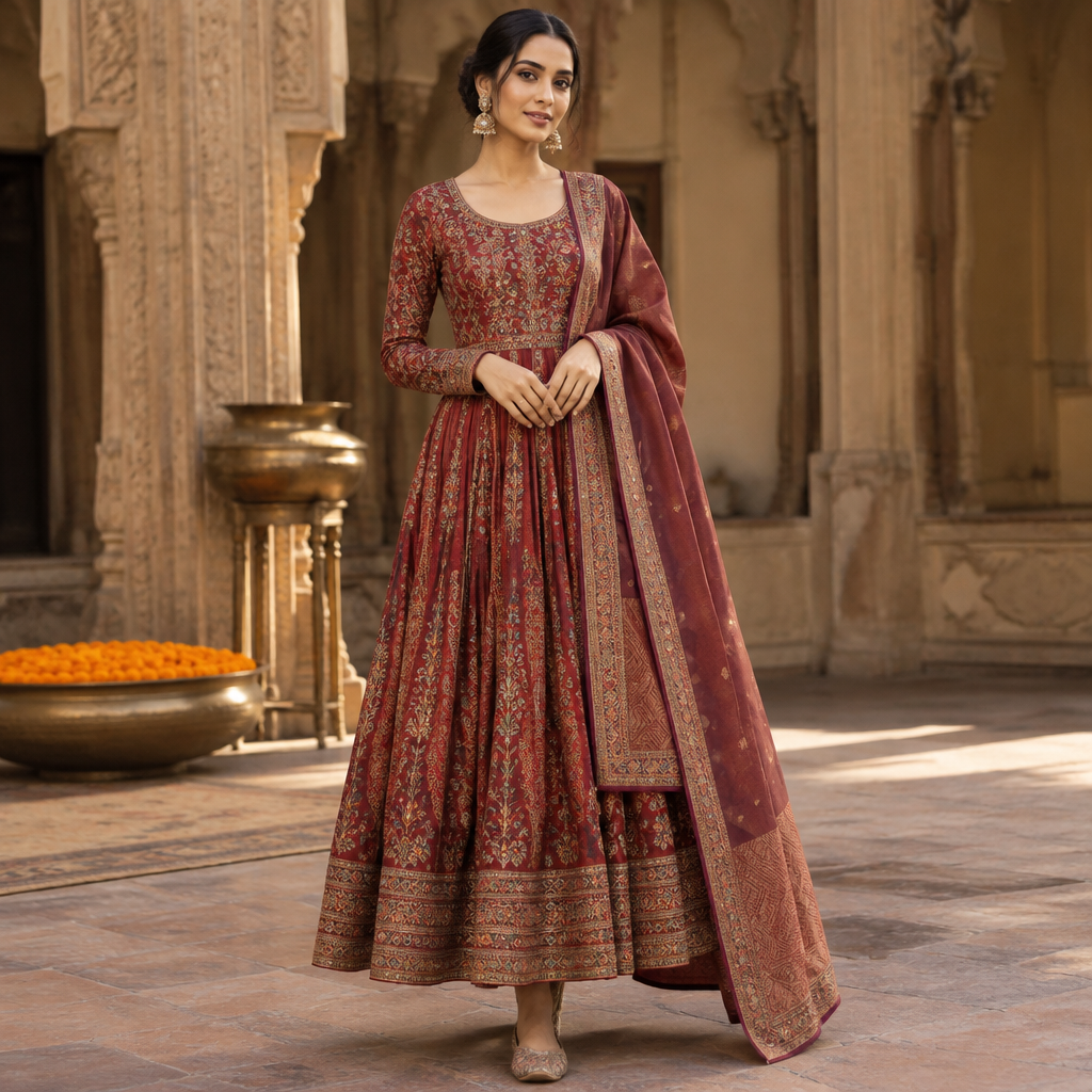 A Female Dress design, suitable for Fall. Consider Indian fashion aesthetics — consider saree, lehenga, salwar kameez, kurti, anarkali; local fabrics like chanderi, banarasi, chikankari, block prints; vibrant colors and rich embroidery. Current season is Autumn in India. Present it as professional fashion catalogue photography: the garment is the subject, shown full-length with editorial styling, neutral posing and tasteful, non-suggestive framing.
photorealistic fashion design, A Female Dress design, suitable for Fall. Consider Indian fashion aesthetics — consider saree, lehenga, salwar kameez, kurti, anarkali; local fabrics like chanderi, banarasi, chikankari, block prints; vibrant colors and rich embroidery. Current season is Autumn in India. Present it as professional fashion catalogue photography: the garment is the subject, shown full-length with editorial styling, neutral posing and tasteful, non-suggestive framing., just the design no text
