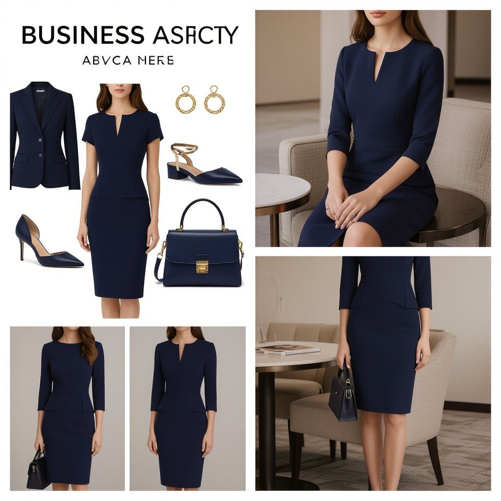 A dress that I can wear at a business meeting
Business fashion: A structured cotton dress in navy, with a modest neckline and knee-length hem, suitable for a business meeting.