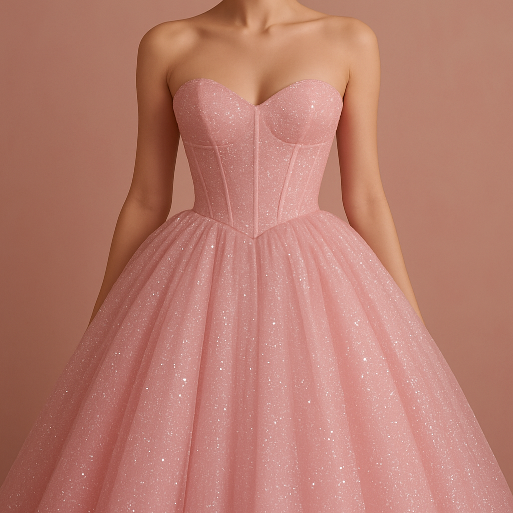 Baby pink long sparkly puffy prom 
dress with a strapless corset

Baby pink long sparkly puffy prom 
dress with a strapless corset