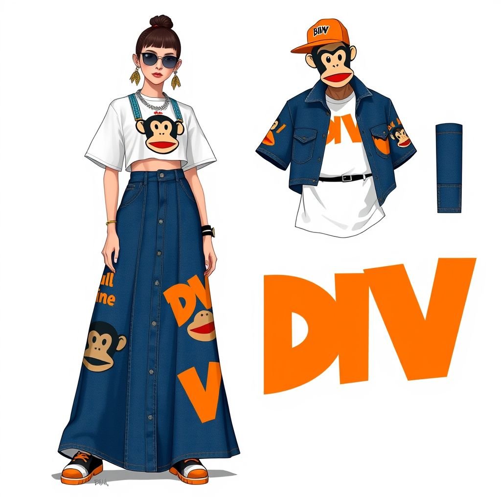 Do a collab with my brand “Da’Vine” or “DV” and “Paul frank” with the monkey symbol. Create a Maxi denim skirt and create a design for the collab on it! With “DV” somewhere on it. Make it orange and blue. With a matching Cropped shirt with a white tee under it
Design a striking streetwear ensemble merging "Da'Vine" and Paul Frank’s playful aesthetic. Feature a maxi denim skirt adorned with vibrant orange and blue graphics—incorporate the iconic monkey symbol and bold “DV” lettering. Complete the look with a cropped shirt layered over a classic white tee, exuding urban flair.