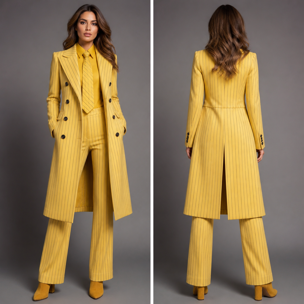 Woman double breasted pinstripe coat yellow , a yellow collar shirt matching pinstripe tie , matching pants a little flair , yellow suede short booties
photorealistic fashion design, Woman double breasted pinstripe coat yellow , a yellow collar shirt matching pinstripe tie , matching pants a little flair , yellow suede short booties , glamorous style, just the design no text, show front and back