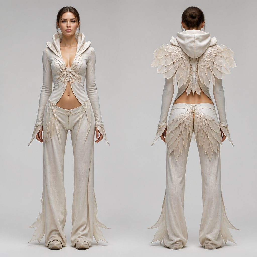 A Female Top design, suitable for Spring. make the hodie top part infront more special like smth that describes Narcis keep on back wings and on down pants make back same wings and infront withaut vezic. SI fashion aesthetics.
photorealistic fashion design, A Female Top design, suitable for Spring. make the hodie top part infront more special like smth that describes Narcis keep on back wings and on down pants make back same wings and infront withaut vezic. SI fashion aesthetics., just the design no text