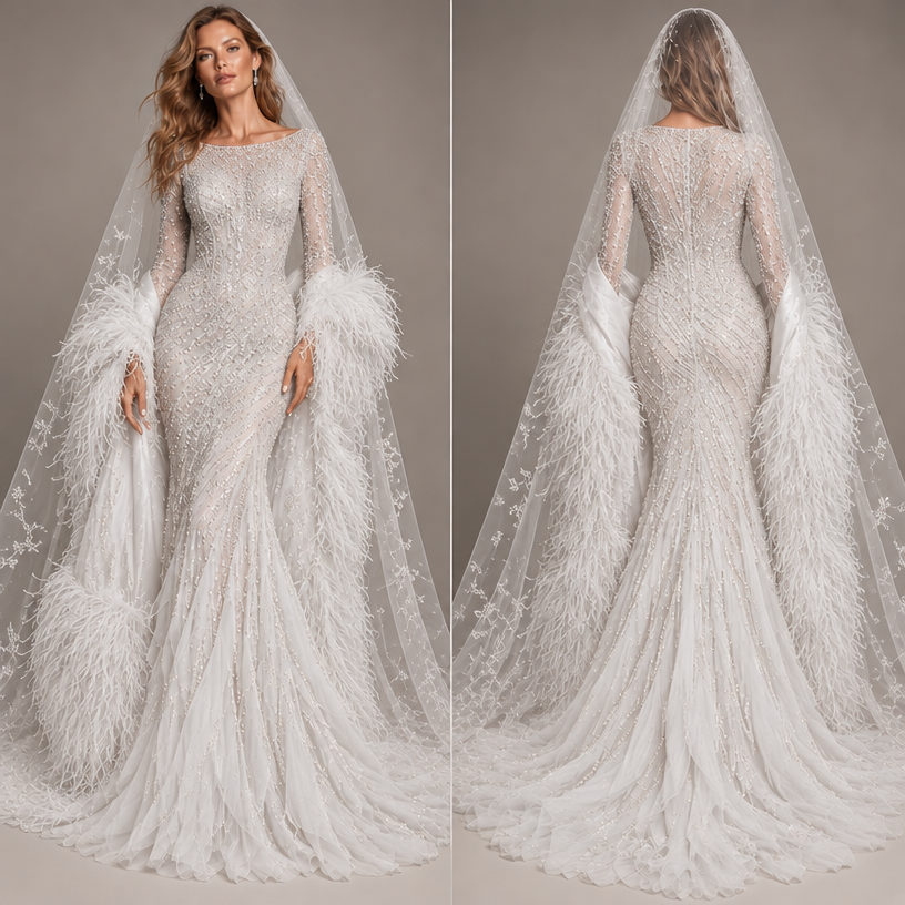 Make it white and don’t expose the chest but collar bone is fine and add a veil
edit the attached fashion design with these instructions: Make it white and don’t expose the chest but collar bone is fine and add a veil. keep it photorealistic, just the design no text
