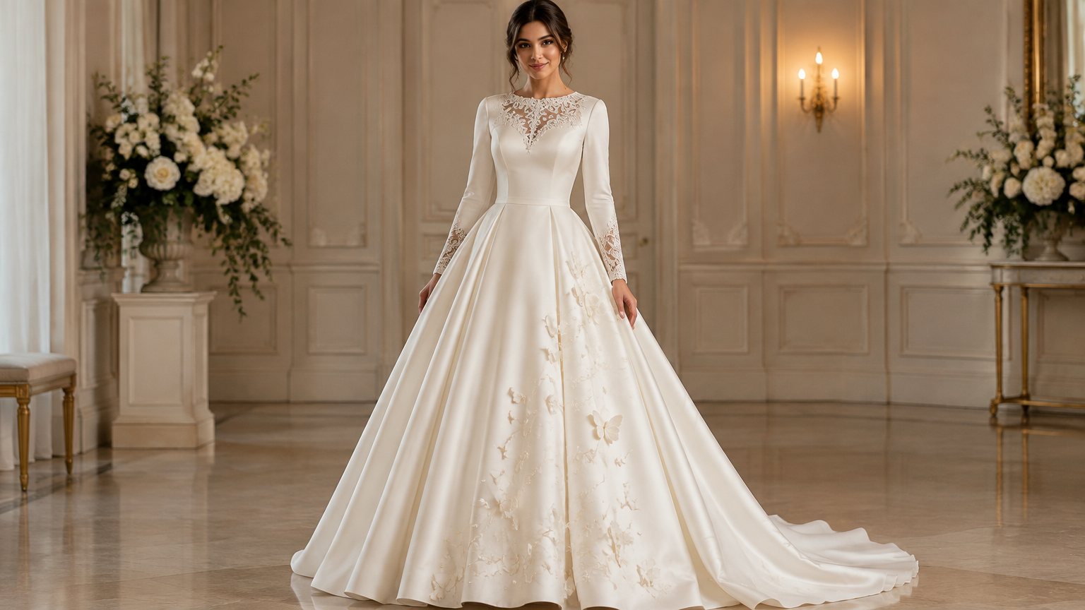 An elegant bridal wedding dress for an adult bride, made of imported off-white Heidi fabric, fully lined.
Long elegant sleeves with Guipure lace only on the lower part of the sleeves, not the entire sleeves.
A beautiful Guipure lace decorative panel on the upper chest.
The lower part of the dress is decorated with delicate 3D butterfly appliques, individually attached to the fabric, NOT printed.
Luxurious flowing skirt with an elegant bridal silhouette.
Off-white color throughout.
Romantic, feminine and sophisticated wedding dress.
Show the full dress on an adult bride, front view, realistic professional fashion design.
Important: No printed butterflies, no full lace sleeves, and no lace on the lower skirt
An elegant bridal wedding dress for an adult bride, made of imported off-white Heidi fabric, fully lined.
Long elegant sleeves with Guipure lace only on the lower part of the sleeves, not the entire sleeves.
A beautiful Guipure lace decorative panel on the upper chest.
The lower part of the dress is decorated with delicate 3D butterfly appliques, individually attached to the fabric, NOT printed.
Luxurious flowing skirt with an elegant bridal silhouette.
Off-white color throughout.
Romantic, feminine and sophisticated wedding dress.
Show the full dress on an adult bride, front view, realistic professional fashion design.
Important: No printed butterflies, no full lace sleeves, and no lace on the lower skirt