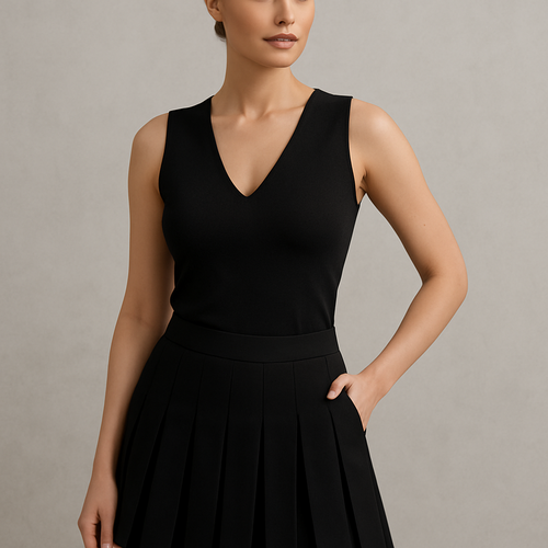 Fitted deep v-neck Muscle shirt with pleated tennis skort. Black color 