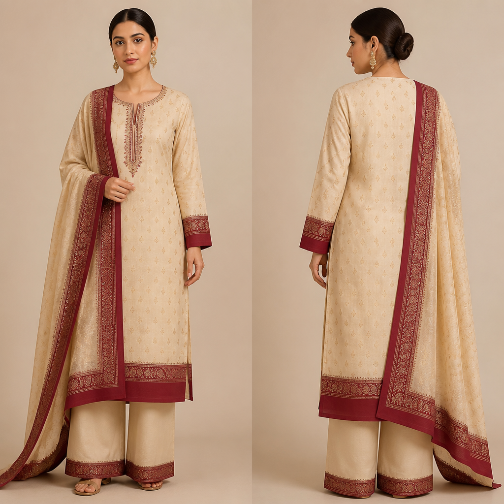 In this outfit increase the bright reddish maroon border by 1 inch. Design with modest coverage.
photorealistic fashion design, In this outfit increase the bright reddish maroon border by 1 inch. Design with modest coverage., just the design no text