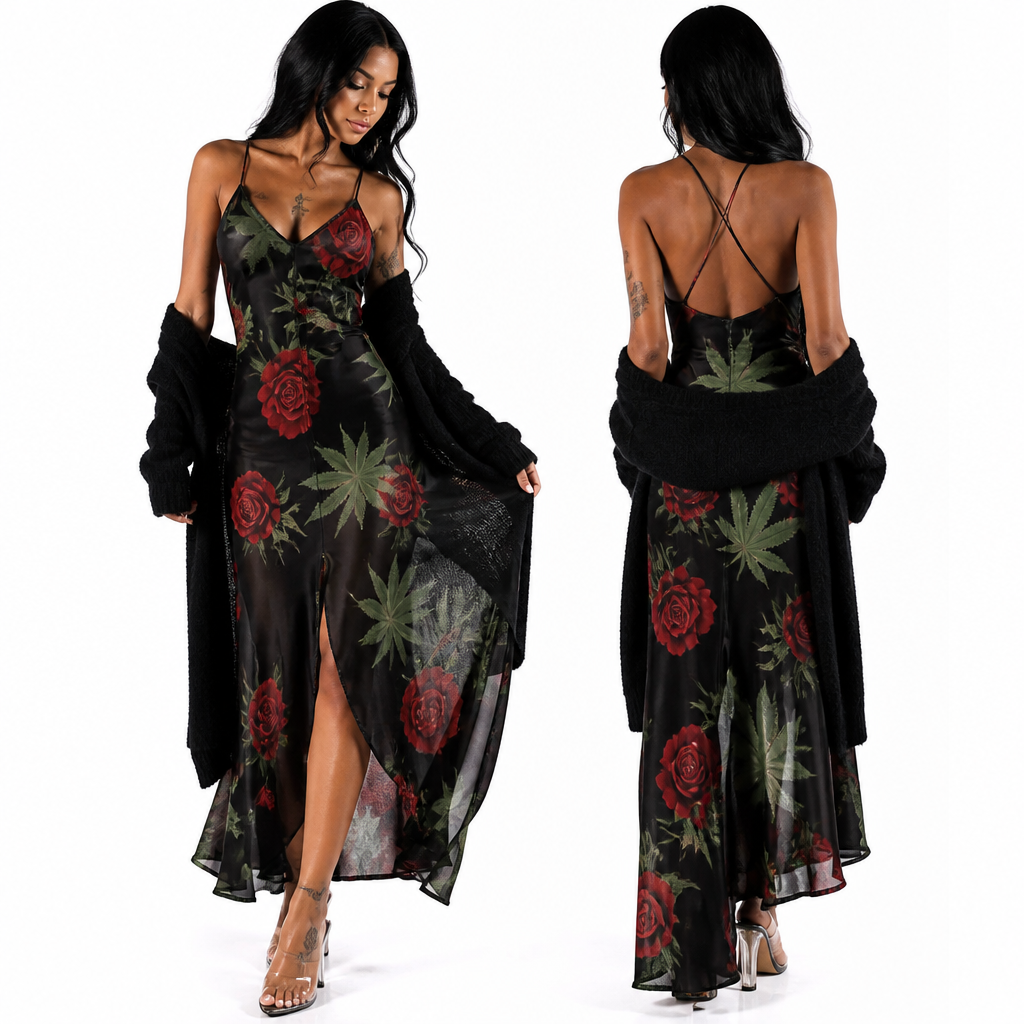 A Female fashion design. a gorgeous flowing spaghetti strap dress with marijuana leaves and roses on it and a long black soft sweater, glass high heels
photorealistic fashion design, A Female fashion design. a gorgeous flowing spaghetti strap dress with marijuana leaves and roses on it and a long black soft sweater, glass high heels, just the design no text