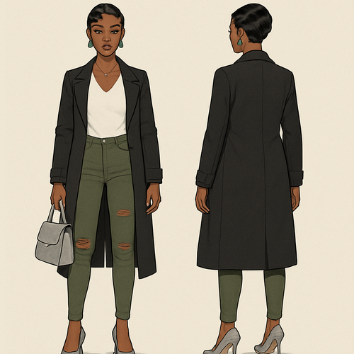 Black woman 
Finger waves 
White v neck short sleeve 
Gold necklace 
Tight Green ripped jeans 
Black trench 
Green earrings 
Silver heels 
Beige trench coat silver purse