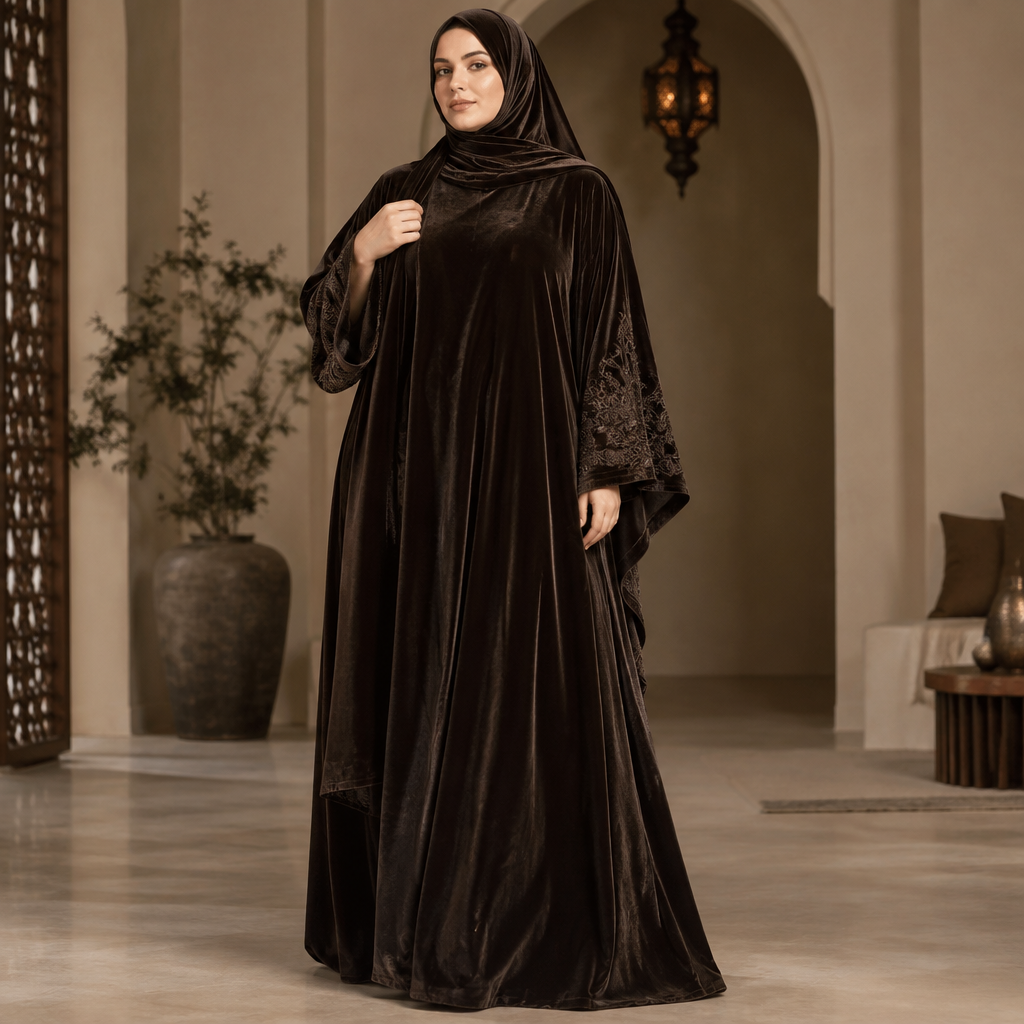 A Abaya design, made of Velvet, with a soft, cosy hand, with a Relaxed silhouette, with modest, full coverage: longer hemlines, higher necklines and covered shoulders, in a Monochrome color palette, suitable for Winter, suited to a Cold climate, in Elegant + Bohemian style, shown on a model with fair skin and a curvy figure Present it as professional fashion catalogue photography: the garment is the subject, shown full-length with editorial styling, neutral posing and tasteful, non-suggestive framing.
photorealistic fashion design, A Abaya design, made of Velvet, with a soft, cosy hand, with a Relaxed silhouette, with modest, full coverage: longer hemlines, higher necklines and covered shoulders, in a Monochrome color palette, suitable for Winter, suited to a Cold climate, in Elegant + Bohemian style, shown on a model with fair skin and a curvy figure Present it as professional fashion catalogue photography: the garment is the subject, shown full-length with editorial styling, neutral posing and tasteful, non-suggestive framing., elegant style, just the design no text