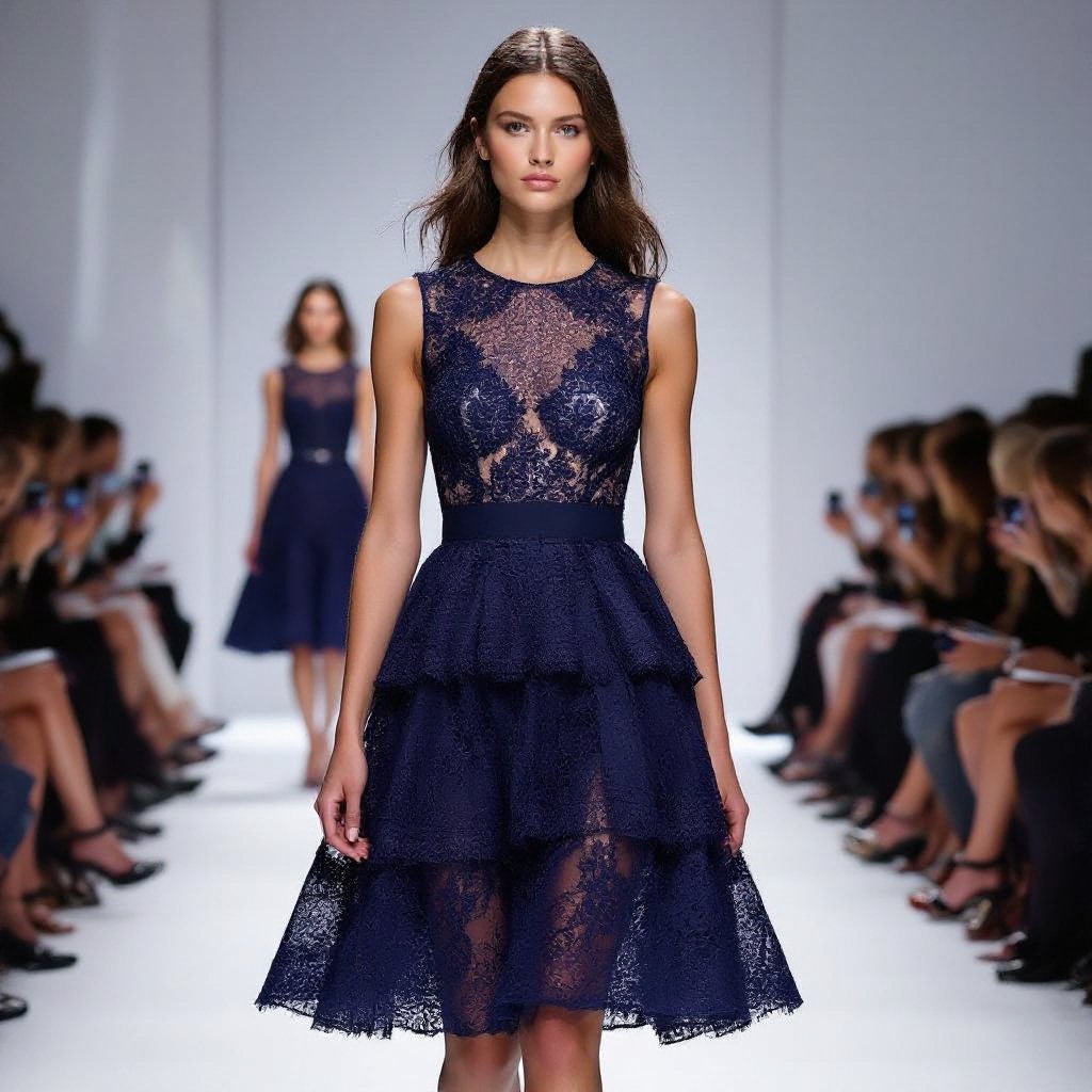 Dress dentelle
Dentelle dress, sleeveless, featuring a delicate lace overlay, a fitted bodice, and a flared knee-length skirt.