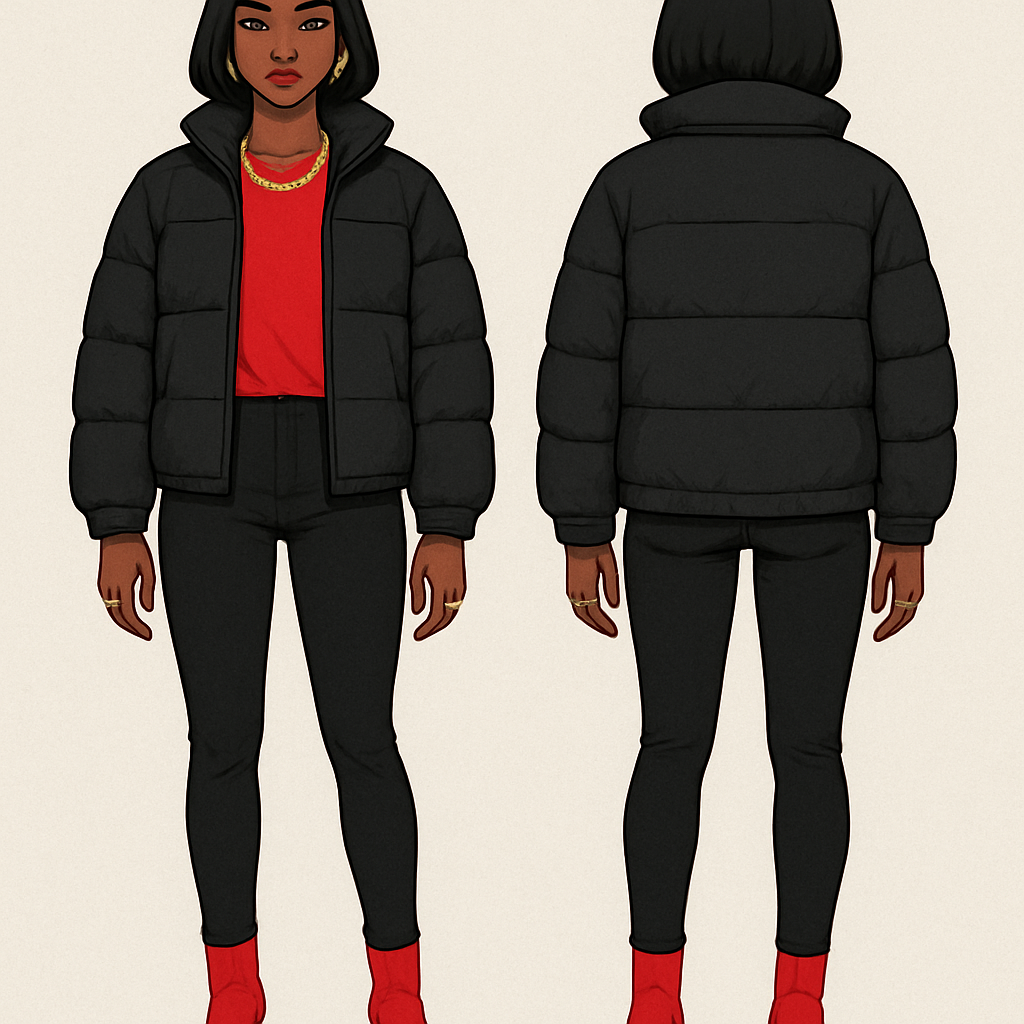 Black woman
Red shirt
Black puffer jacket
Tight black jeans
Red heel boots
Gold necklace
And earrings
Gold rings on fingers
A Bob
Black woman
Red shirt
Black puffer jacket
Tight black jeans
Red heel boots
Gold necklace
And earrings
Gold rings on fingers
A Bob , streetwear style, show front and back