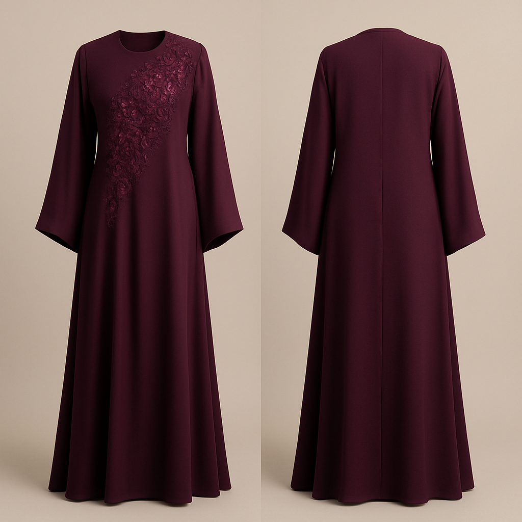 The Half-Bloom Couture Abaya
Tone: Wine / Plum
Design:
One side of the chest beautifully covered with half-blooming flowers and micro stones.
The Half-Bloom Couture Abaya
Tone: Wine / Plum
Design:
One side of the chest beautifully covered with half-blooming flowers and micro stones.
, show front and back
