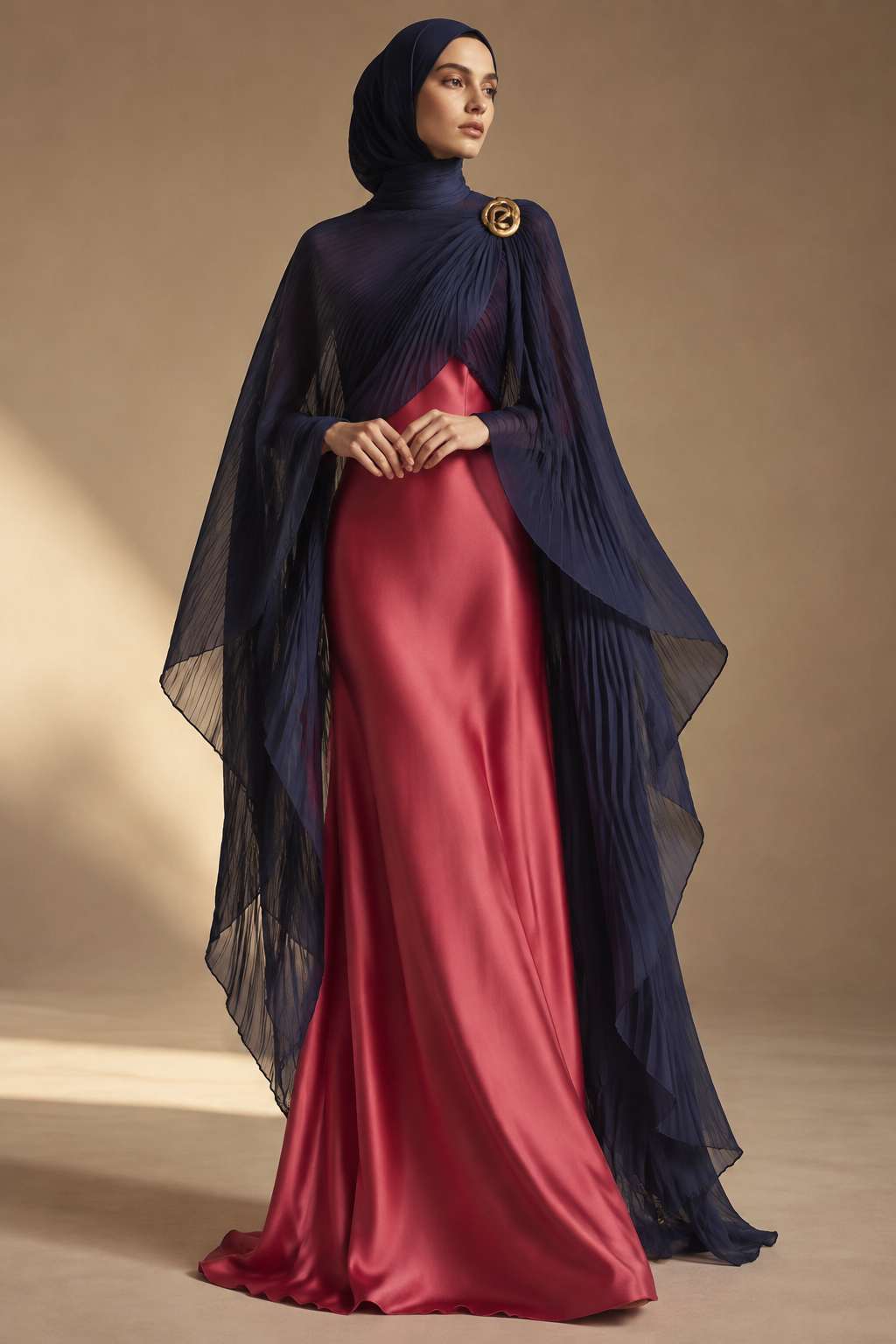 Only use the fabric on the attached image. A high-end editorial fashion photography studio shot of a elegant modest dress setup. The outfit features a two-piece silhouette: an upper cape-style drape made of sheer, pleated crinkle plissé fabric in a deep indigo color, held elegantly at the shoulder/chest by a luxury polished gold brooch-style pendant brooch, catching the light softly. Beneath the cape, a full-length, floor-sweeping column gown made of rich silk-satin in a vivid Grenadine Pink color. Professional studio lighting, minimal warm background, high fashion campaign aesthetic, 8k resolution, crisp detail on fabric textures and metallic gold hardware.
Only use the fabric on the attached image. A high-end editorial fashion photography studio shot of a elegant modest dress setup. The outfit features a two-piece silhouette: an upper cape-style drape made of sheer, pleated crinkle plissé fabric in a deep indigo color, held elegantly at the shoulder/chest by a luxury polished gold brooch-style pendant brooch, catching the light softly. Beneath the cape, a full-length, floor-sweeping column gown made of rich silk-satin in a vivid Grenadine Pink color. Professional studio lighting, minimal warm background, high fashion campaign aesthetic, 8k resolution, crisp detail on fabric textures and metallic gold hardware., evening wear style
