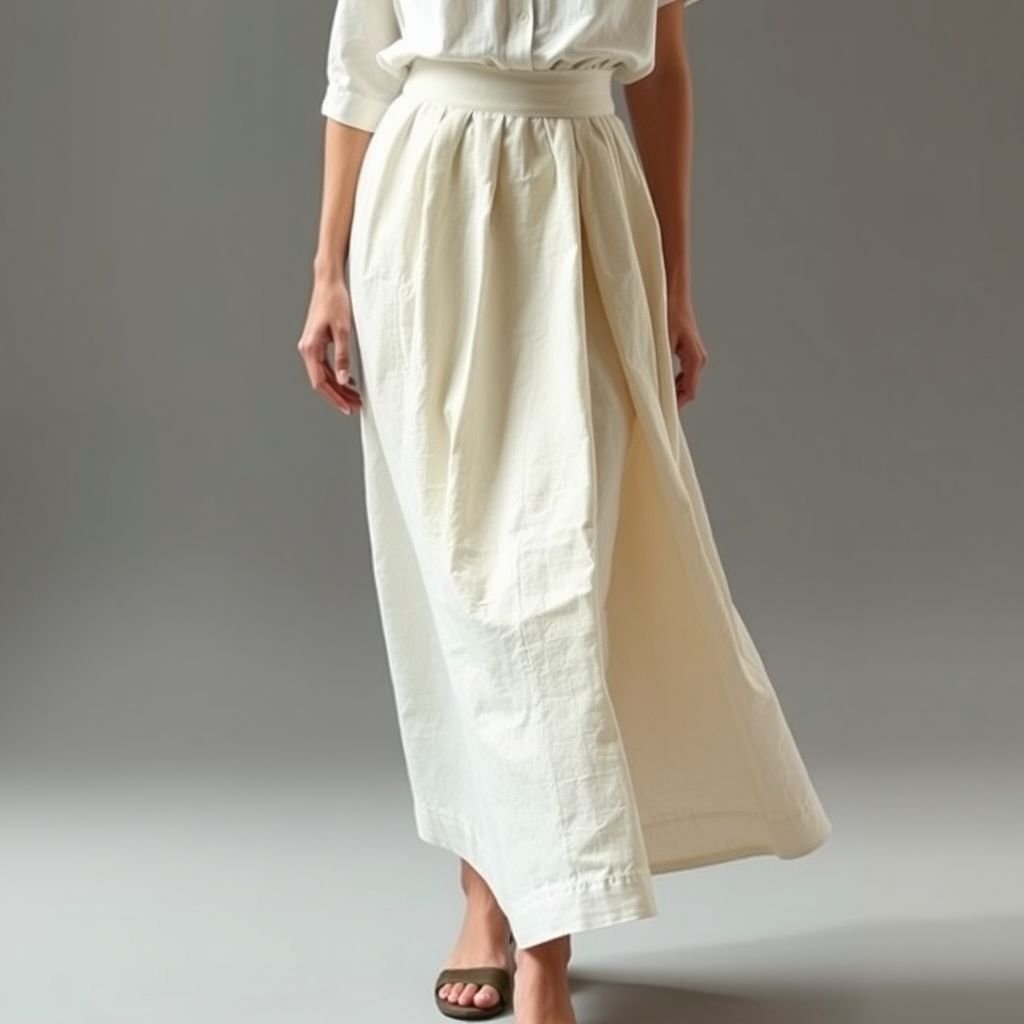 חצאית כותנה גרסה יוונית פשוטה מפשתן
Design a minimalist-inspired cotton skirt, drawing from Greek aesthetics. Envision a simple, flowing silhouette with a high waist and understated pleat details. Utilize soft, natural linen in a muted palette, accentuating the purity of form. Focus on clean lines and effortless elegance, embodying the essence of timeless simplicity in fashion.
