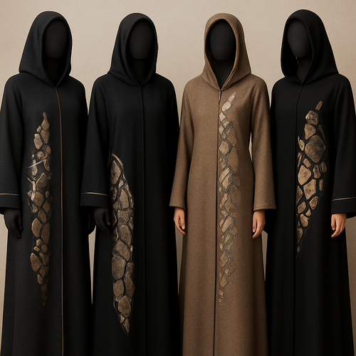 Create a modest abaya that's the first of its kind, featuring a unique stone design that exudes a classy and sophisticated vibe. I'd like four designs, each showcasing different styles and fabrics.
Incorporate high-end, unique chic stone designs to make them truly special. Add a little sophisticated stone work to it.