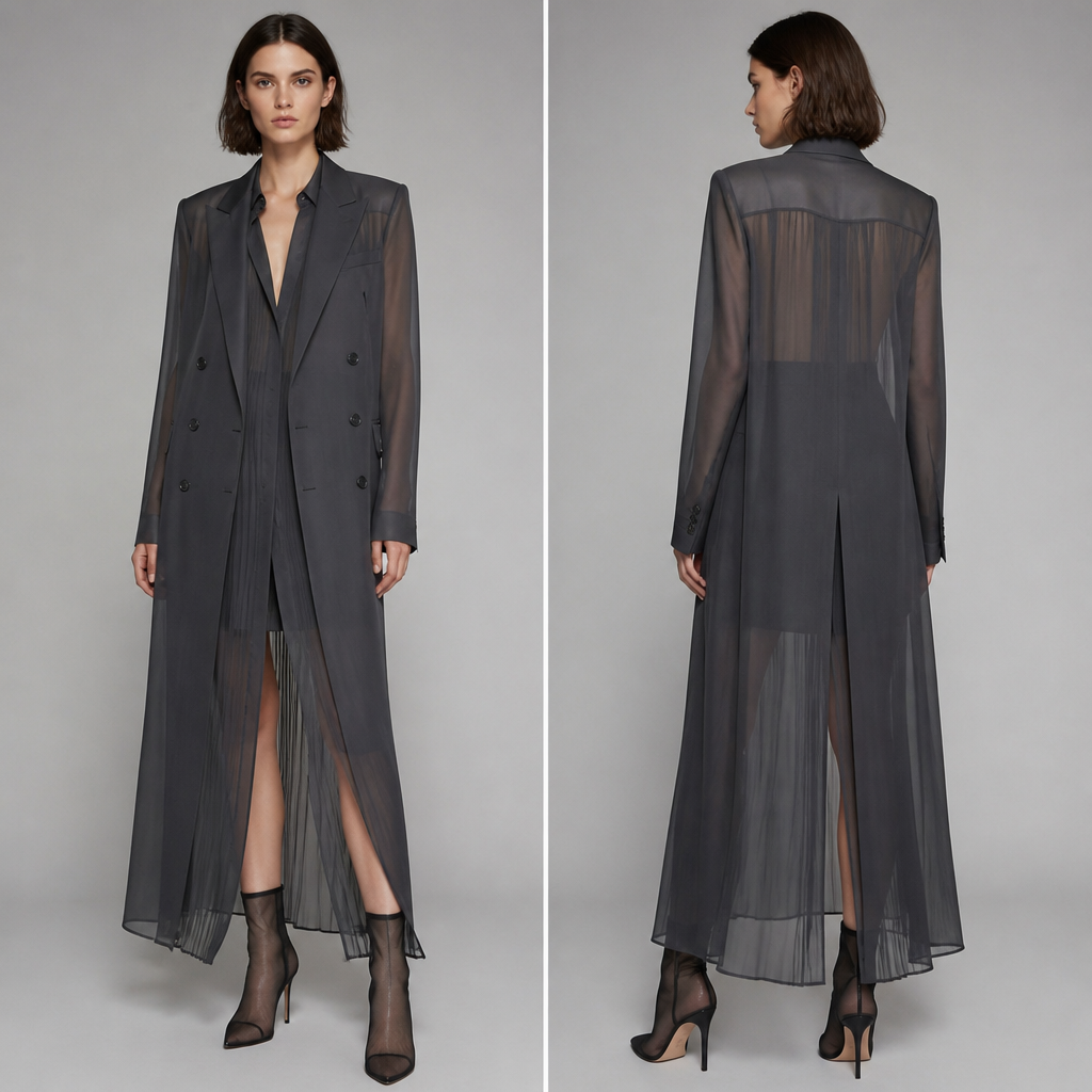 Women’s sheer dark grey double breasted long blazer with a matching long pleated shirt in dark grey sheer booties
photorealistic fashion design, Women’s sheer dark grey double breasted long blazer with a matching long pleated shirt in dark grey sheer booties , elegant style, just the design no text, show front and back