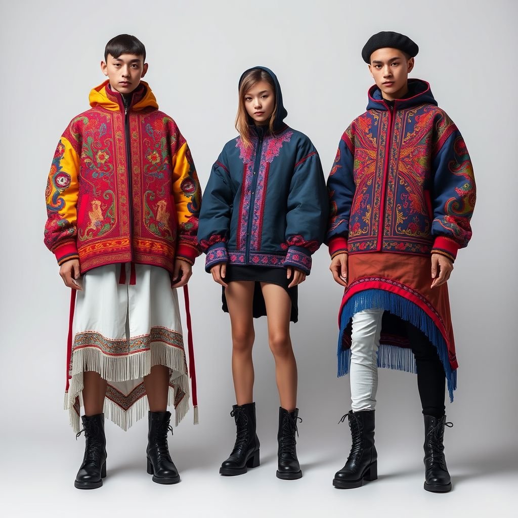 A bold fusion of traditional Kazakh elements with modern streetwear. Features oversized jackets inspired by shapan, rich ornamental embroidery, and futuristic cuts. Designed for confident youth who want to express culture and creativity at once.
Envision a daring blend of traditional Kazakh aesthetics and cutting-edge streetwear. Oversized shapan-inspired jackets drape elegantly, adorned with intricate, vibrant embroidery that tells a story. Futuristic silhouettes meet cultural heritage, incorporating asymmetrical hemlines and innovative fabrics. Accessories include statement boots and berets, empowering the youth to celebrate identity and artistry boldly.