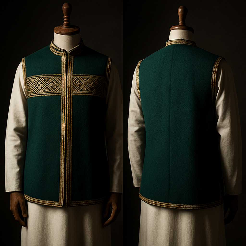 ‏Heritage formal sleeveless hip-length sedri on wooden mannequin over traditional white thawb, deep emerald wool with gold braided trim and hand-stitched Najdi geometric chest band, dramatic low-angle lighting, moody dark studio, museum-quality realism --ar 2:3 --v 5 --stylize 700"


‏Heritage formal sleeveless hip-length sedri on wooden mannequin over traditional white thawb, deep emerald wool with gold braided trim and hand-stitched Najdi geometric chest band, dramatic low-angle lighting, moody dark studio, museum-quality realism --ar 2:3 --v 5 --stylize 700"
, show front and back