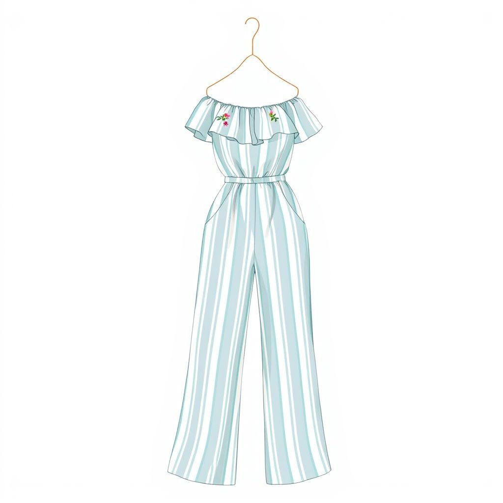 One piece with thin stripes - inspired by solid and strip
Design a chic summer one-piece jumpsuit featuring thin, light pastel stripes, reminiscent of sun-kissed beaches and azure skies. Incorporate a cinched waist to flatter the silhouette, with a flowing, off-the-shoulder neckline and wide-legged pants to promote airflow. Adorn with delicate floral embroidery, perfect for sunny afternoons and garden parties.