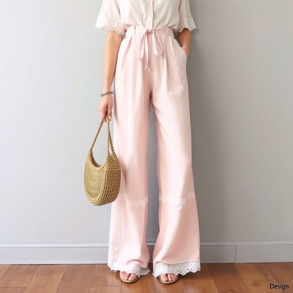 Padelefon summer Pants removal self tie lace belt cotton light
Design a pair of vintage-inspired Padelefon summer pants featuring a high-waisted silhouette with wide legs, crafted from airy cotton in a soft pastel hue. Adorned with delicate lace trim, these pants come with a self-tie lace belt for an elegant touch. Perfectly embodying vintage charm for effortless summer elegance.