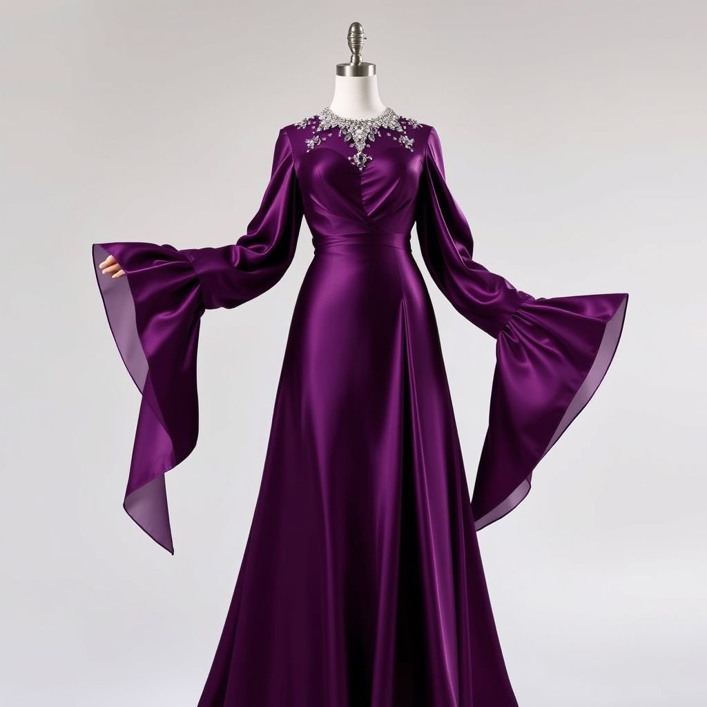 A plum satin look long dress with long sleeves that come until your ankles the design must have some rinestones or small beads it must look beautiful and jaw dropping
Envision a luxurious plum satin gown cascading to the floor, featuring billowy sleeves that dramatically extend to the ankles. Adorned with shimmering rhinestones and delicate beads along the neckline and sleeves, the dress exudes elegance. The soft drapery creates an ethereal silhouette, ensuring an unforgettable, jaw-dropping allure for any occasion.