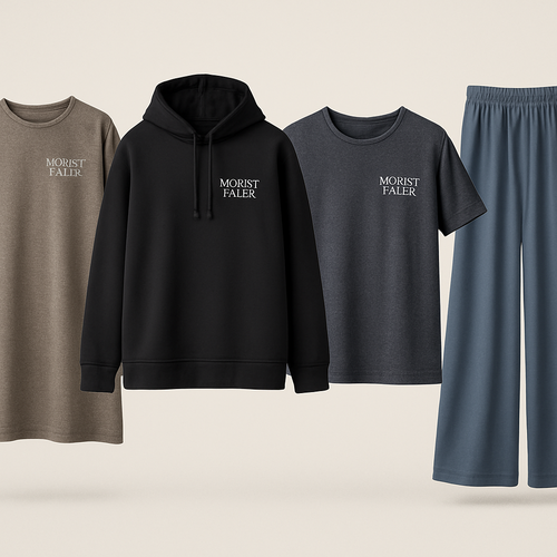 Create a revolutionary women’s modest loose gym wear brand called “Modest Fleur”. Display the brand name on the garments in a unique design on the upper right side, in small thick writing that exudes a classy and sophisticated vibe. I’d like four designs, each showcasing different styles and fabrics, with high-end, unique chic designs to make them truly special.