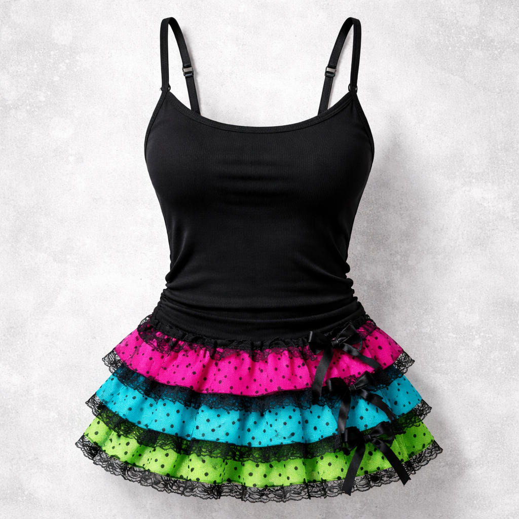 pretty black form fitting tank top with lace ruffle layers at the bottom. a hot pink with black polka dots layer, an aqua with black polka dots layer and a bright green with black polka dots layer. a little edgy.
Japanese Street fashion design: **Japanese Street Style: Edgy Ruffle Tank**
A form-fitting black cotton tank top with layered lace ruffles at the bottom: hot pink with black polka dots, aqua with black polka dots, and bright green with black polka dots.