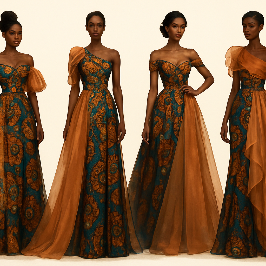 Create a gown that's first of its kind, featuring a unique design that made of Ankara with two tone organza fabric that classy and have a sophisticated vibe. I'd like four designs, each showcasing different styles and designs which will 
Incorporate high-end, unique chic designs 

Create a gown that's first of its kind, featuring a unique design that made of Ankara with two tone organza fabric that classy and have a sophisticated vibe. I'd like four designs, each showcasing different styles and designs which will 
Incorporate high-end, unique chic designs , classic style