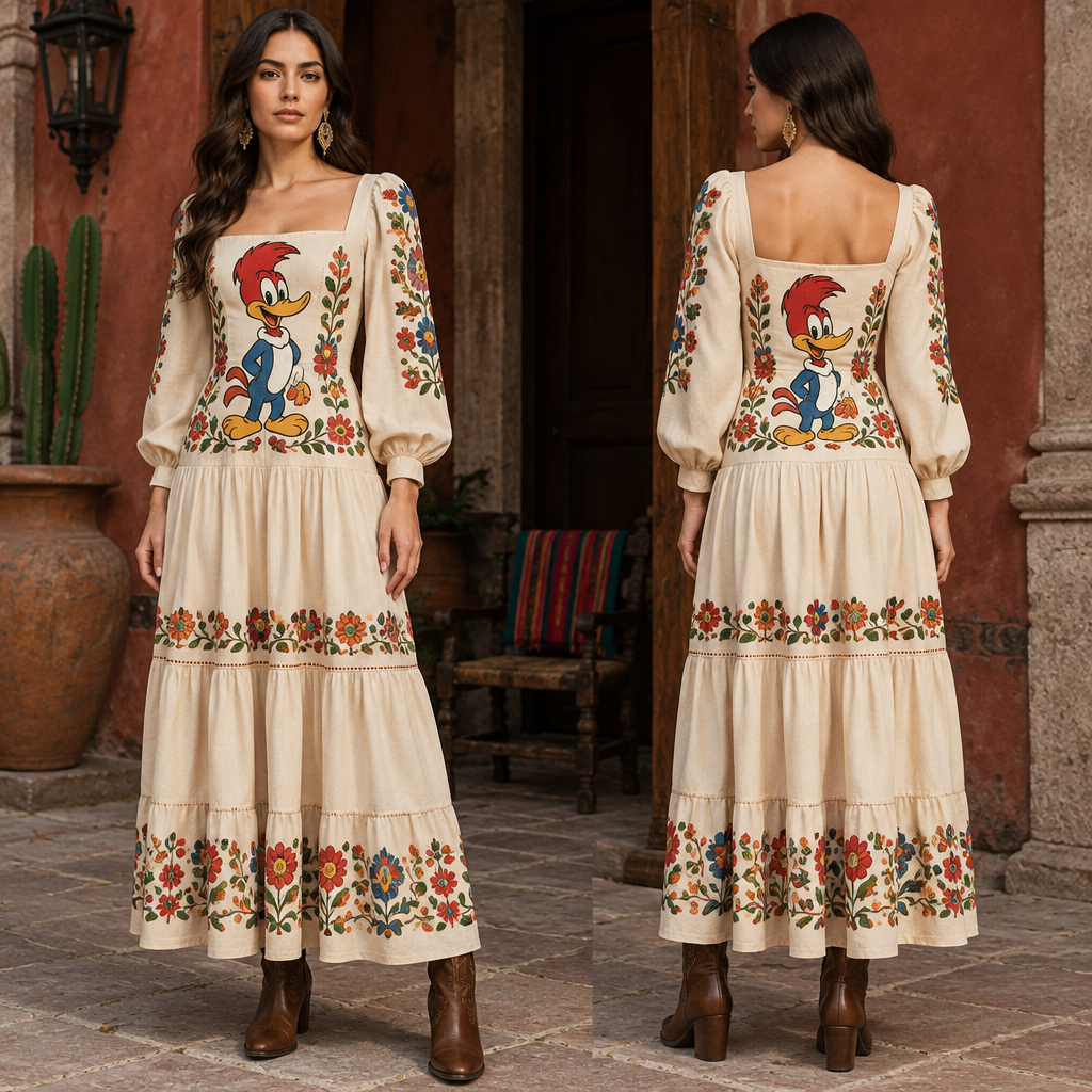 A Female Dress design, suitable for Fall. el traje enfocado en el pájaro loco igualito ala imagen. Mexico fashion aesthetics. Present it as professional fashion catalogue photography: the garment is the subject, shown full-length with editorial styling, neutral posing and tasteful, non-suggestive framing.
photorealistic fashion design, A Female Dress design, suitable for Fall. el traje enfocado en el pájaro loco igualito ala imagen. Mexico fashion aesthetics. Present it as professional fashion catalogue photography: the garment is the subject, shown full-length with editorial styling, neutral posing and tasteful, non-suggestive framing., just the design no text