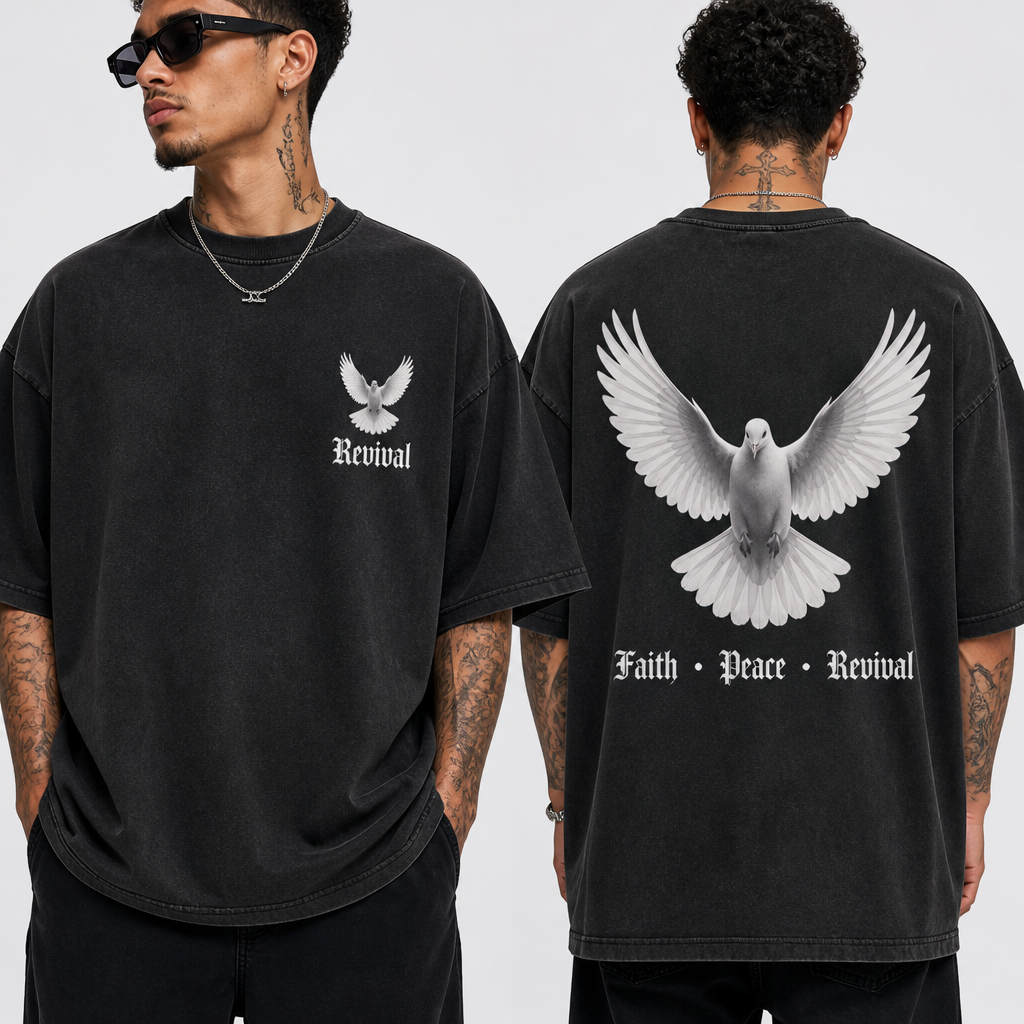 oversized modern streetwear t-shirt design, premium black washed cotton fabric, minimalist and elegant aesthetic, featuring a clean white dove logo centered on the chest, subtle luxury christian streetwear vibe, small refined typography Revival below the logo, modern and timeless design, soft vintage texture, high-end fashion brand style, realistic fabric folds and texture, front and back view, back design with enlarged artistic version of the dove logo and subtle inspirational text “Faith • Peace • Revival”, monochrome black and white palette, cinematic studio lighting, ultra realistic mockup, on model, premium urban fashion aesthetic, high detail, 4k
Streetwear fashion design: Oversized black washed cotton t-shirt. White dove logo on the chest, "Revival" text below. Back features enlarged dove logo and "Faith • Peace • Revival" text. Relaxed fit.