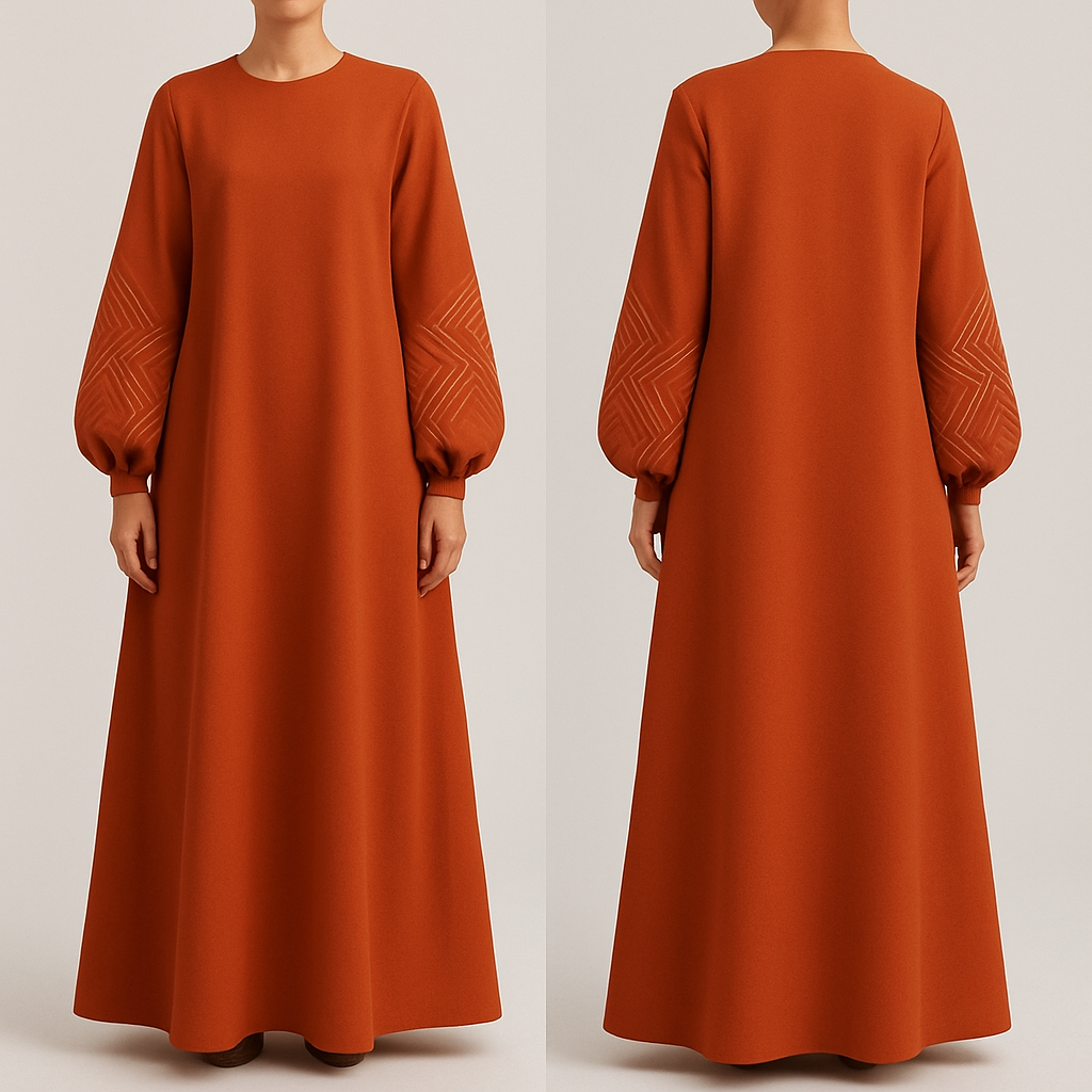 modern, A-line abaya in a bold color. Features statement sleeves and minimalist, geometric embroidery. Stylish, modest, and perfect for everyday wear. And that is not out there yet. Making the designs high end that will stand out for my clothing brand “The Modest Fleur
modern, A-line abaya in a bold color. Features statement sleeves and minimalist, geometric embroidery. Stylish, modest, and perfect for everyday wear. And that is not out there yet. Making the designs high end that will stand out for my clothing brand “The Modest Fleur, show front and back