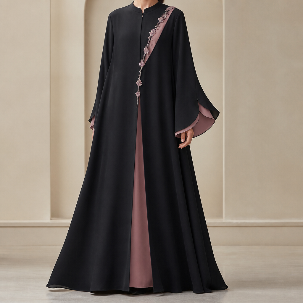 – كلوش بفتحة جانبية
Luxury black flared abaya with a beautiful elegant A-line silhouette that gradually widens toward the bottom. Create a unique diagonal opening starting from one shoulder and extending subtly toward the waist, revealing a soft inner layer in dusty rose. Add delicate floral crystal details along the edge of the opening. The sleeves are wide and slightly flared with a curved layered cuff. Minimal, feminine and sophisticated. Black, dusty rose and subtle crystals only. Clearly an abaya, not a dress
photorealistic fashion design, – كلوش بفتحة جانبية
Luxury black flared abaya with a beautiful elegant A-line silhouette that gradually widens toward the bottom. Create a unique diagonal opening starting from one shoulder and extending subtly toward the waist, revealing a soft inner layer in dusty rose. Add delicate floral crystal details along the edge of the opening. The sleeves are wide and slightly flared with a curved layered cuff. Minimal, feminine and sophisticated. Black, dusty rose and subtle crystals only. Clearly an abaya, not a dress, just the design no text