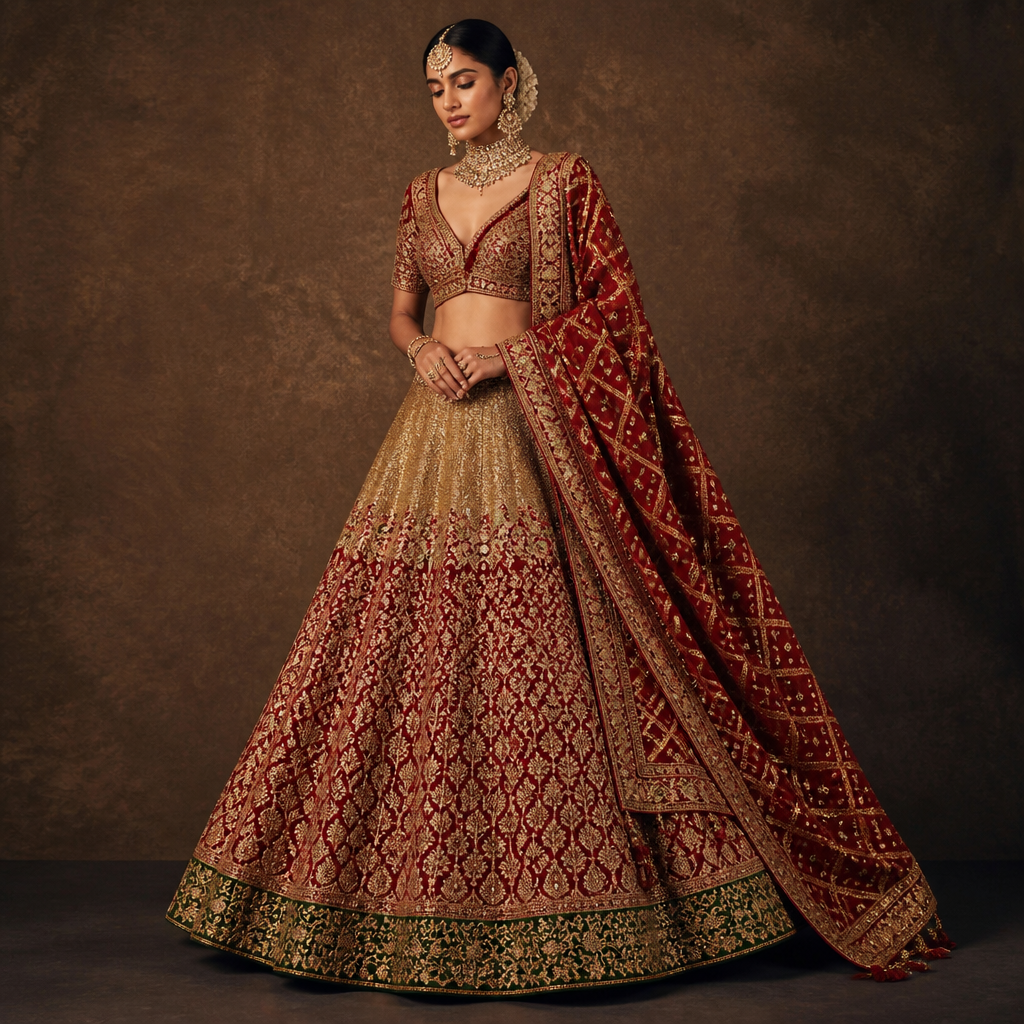 photorealistic fashion design, photorealistic fashion design, photorealistic fashion design, photorealistic fashion design, photorealistic fashion design, photorealistic fashion design, photorealistic fashion design, photorealistic fashion design, photorealistic fashion design, photorealistic fashion design, A Female fashion design, for Wedding, in Indian style. Dark shimmery golden tissue bridal lehenga with heavy flare and bottle green brocade border at the bottom and red raw silk long and broad paisley motifs placed above green border upto above knee. India fashion aesthetics., indian style, just the design no text. Refinement: Give Red gharchola Dupatta in gujrati style , just the design no text. Refinement: Keep the green border but make the entire area above green border in red colour uptil above knee, just the design no text. Refinement: In this outfit cover the area from hip to above knee in golden, just the design no text. Refinement: Make the golden area in this lehenga upto knee, just the design no text. Refinement: Fill the Golden area in this outfit with bride and groom varmala motifs embroidered in red green and golden colour in one horizontal line above red portion in this lehenga , just the design no text. Refinement: Make the varmala motifs half the size of this in this lehenga, just the design no text. Refinement: Make the width of green border at the bottom half of its size , just the design no text. Refinement: Thicken the green border to its double , just the design no text. Refinement: Cover the red portion of lehenga in entire jaal embroidery , just the design no text. Refinement: Golden has to be darker in colour and upto knee in lehenga
photorealistic fashion design, photorealistic fashion design, photorealistic fashion design, photorealistic fashion design, photorealistic fashion design, photorealistic fashion design, photorealistic fashion design, photorealistic fashion design, photorealistic fashion design, photorealistic fashion design, photorealistic fashion design, A Female fashion design, for Wedding, in Indian style. Dark shimmery golden tissue bridal lehenga with heavy flare and bottle green brocade border at the bottom and red raw silk long and broad paisley motifs placed above green border upto above knee. India fashion aesthetics., indian style, just the design no text. Refinement: Give Red gharchola Dupatta in gujrati style , just the design no text. Refinement: Keep the green border but make the entire area above green border in red colour uptil above knee, just the design no text. Refinement: In this outfit cover the area from hip to above knee in golden, just the design no text. Refinement: Make the golden area in this lehenga upto knee, just the design no text. Refinement: Fill the Golden area in this outfit with bride and groom varmala motifs embroidered in red green and golden colour in one horizontal line above red portion in this lehenga , just the design no text. Refinement: Make the varmala motifs half the size of this in this lehenga, just the design no text. Refinement: Make the width of green border at the bottom half of its size , just the design no text. Refinement: Thicken the green border to its double , just the design no text. Refinement: Cover the red portion of lehenga in entire jaal embroidery , just the design no text. Refinement: Golden has to be darker in colour and upto knee in lehenga , just the design no text