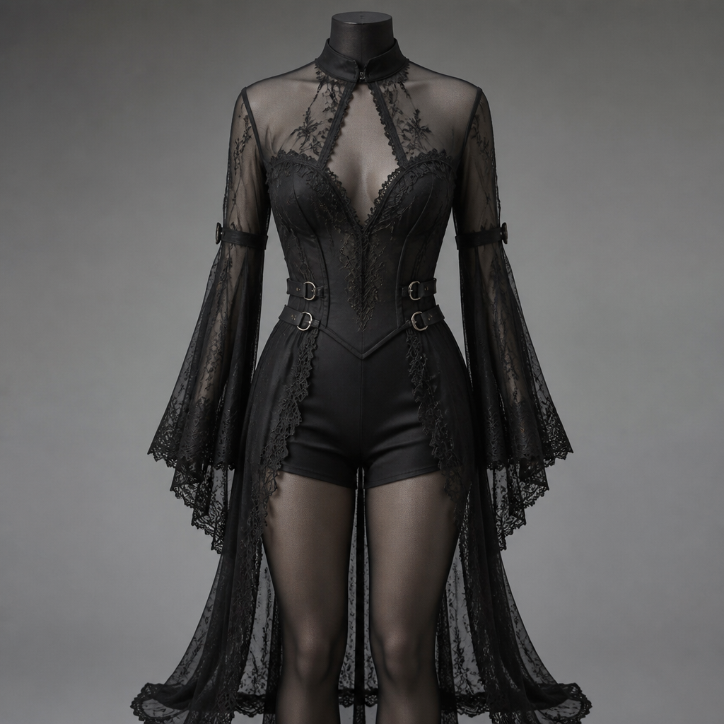 A Female Jumpsuit design, in Witchcore style. make a shorts legged body suit woth a small train like skirt behind. that shows off the shorts
photorealistic fashion design, A Female Jumpsuit design, in Witchcore style. make a shorts legged body suit woth a small train like skirt behind. that shows off the shorts, witchcore style, just the design no text