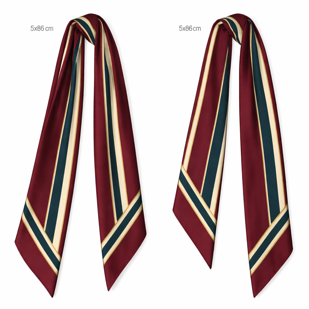 Design a silk scarf that is 5x86cm that has an IVY League feel for a feminine look but more simple with longitudinal lines. I like it just no logos
Design a silk scarf that is 5x86cm that has an IVY League feel for a feminine look but more simple with longitudinal lines. I like it just no logos , classic style, show front and back