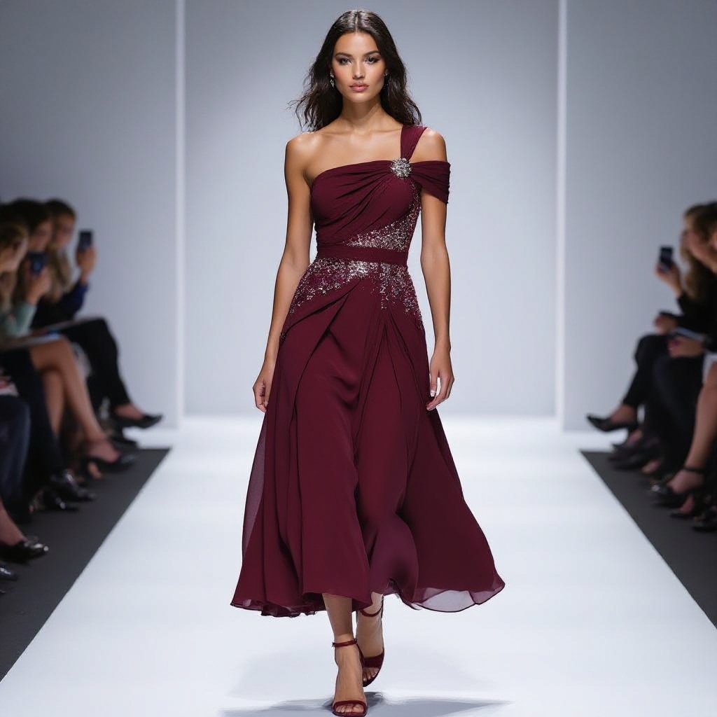 A midi dress that is suitable to wear for an engagement dinner that will stand out in burgundy color. Also it has to be unique in terms of cut style and it can have rhinestones. The Dress could be also brown or black.
Runway fashion: Runway: Burgundy midi dress, architectural cut, one-shoulder. Embellished with scattered rhinestones. Optimal for engagement dinner. Also in black or brown.