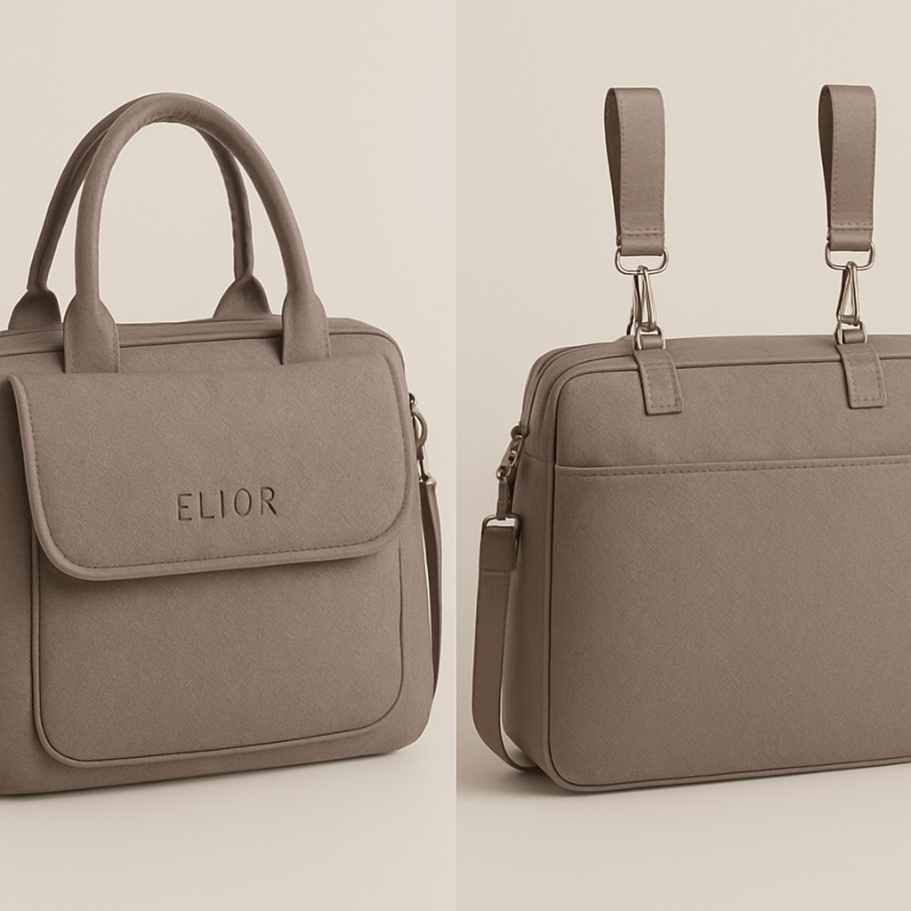 I want a diaper bag Dior style in taupe colour I want to be able to hang it on the child stroller and the brand name is Elior
I want a diaper bag Dior style in taupe colour I want to be able to hang it on the child stroller and the brand name is Elior, classic style, show front and back