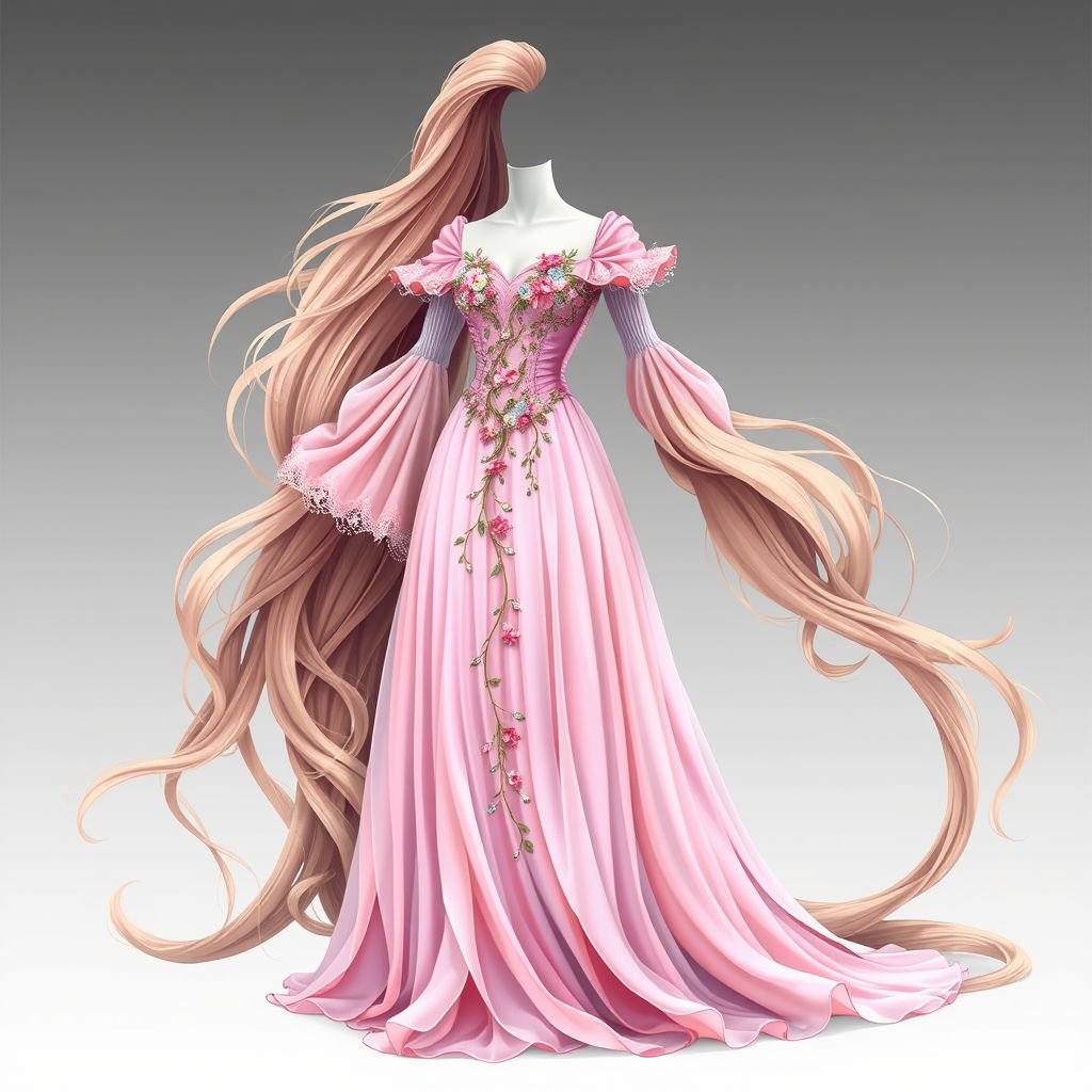 Rapunzel dress
Design an enchanting Rapunzel dress featuring an ethereal gown with cascading layers of pastel-hued chiffon, resembling flowing hair. Incorporate intricate floral embroidery along the bodice, intertwined with delicate vines. The billowing sleeves should evoke a sense of whimsy, while a whimsical train trails behind, blending fairytale elegance and modern sophistication.