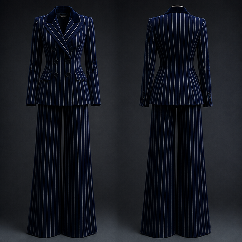 Make the suit navy blue and white velvet pinstripe
edit the attached fashion design with these instructions: Make the suit navy blue and white velvet pinstripe. keep it photorealistic, just the design no text