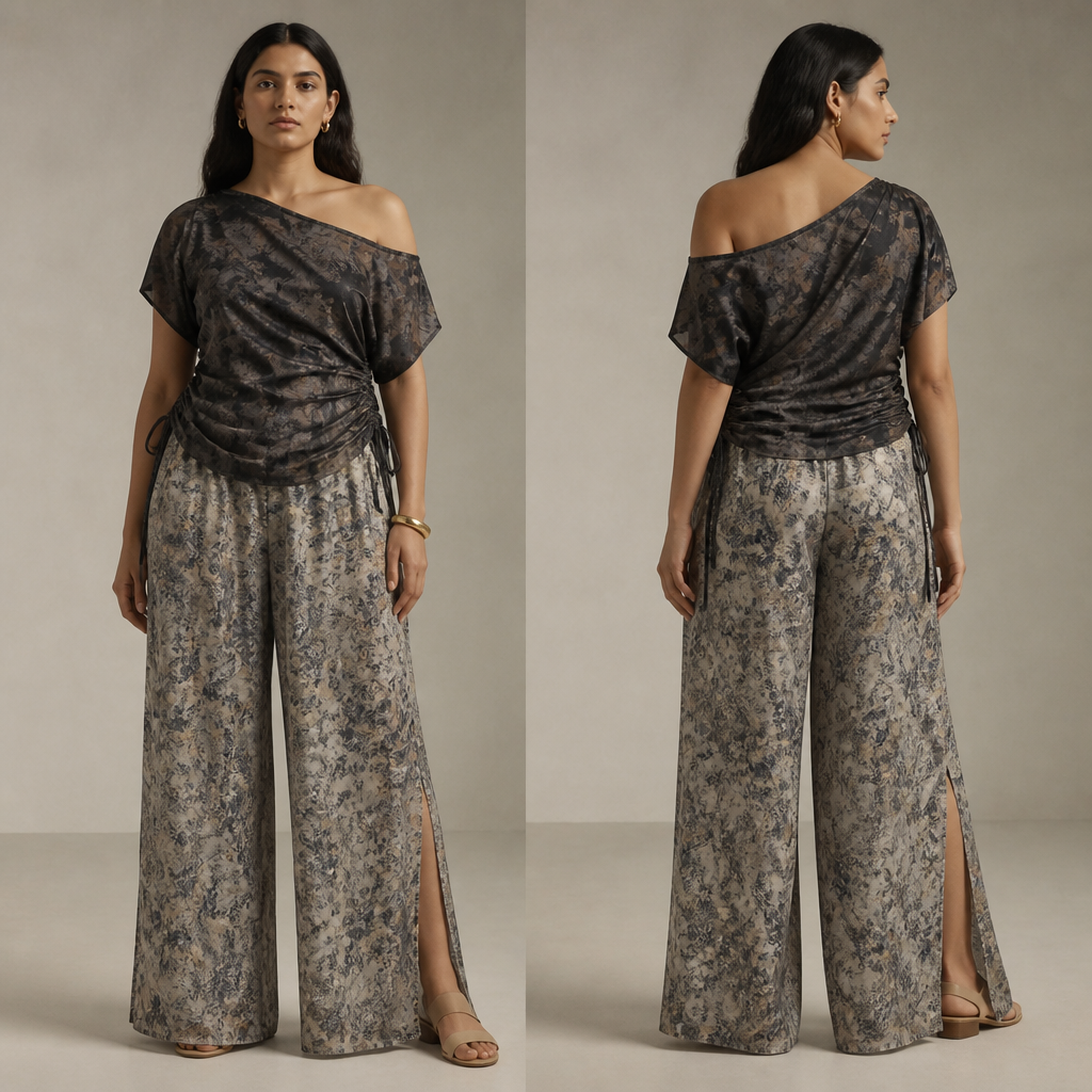 photorealistic fashion design, A Pants design, with a soft, cosy hand, with a Relaxed silhouette, in a Muted & Dusty color palette, in Minimalist + Casual style, shown on a model with olive skin and a plus-size figure. Black vintage drawstring top and straight Palazzo trousers with Slits at the bottom
one shoulder, the other curved off shoulder Present it as professional fashion catalogue photography: the garment is the subject, shown full-length with editorial styling, neutral posing and tasteful, non-suggestive framing., minimalist style, just the design no text, show front and back. Refinement: the top and trouser should be a print fabric, the drawstrings is at both sides of the top
photorealistic fashion design, photorealistic fashion design, A Pants design, with a soft, cosy hand, with a Relaxed silhouette, in a Muted & Dusty color palette, in Minimalist + Casual style, shown on a model with olive skin and a plus-size figure. Black vintage drawstring top and straight Palazzo trousers with Slits at the bottom
one shoulder, the other curved off shoulder Present it as professional fashion catalogue photography: the garment is the subject, shown full-length with editorial styling, neutral posing and tasteful, non-suggestive framing., minimalist style, just the design no text, show front and back. Refinement: the top and trouser should be a print fabric, the drawstrings is at both sides of the top, just the design no text